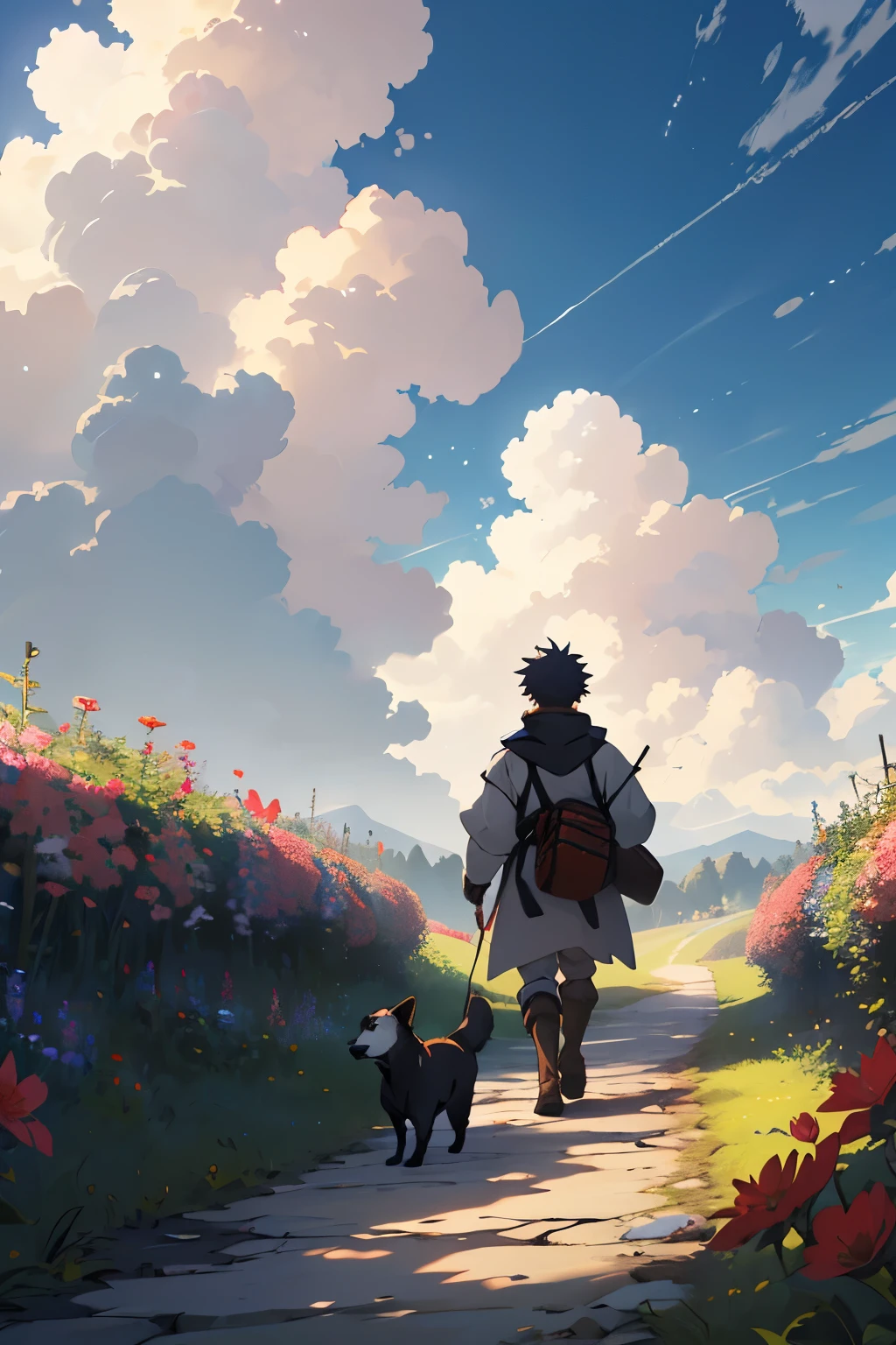Anime ghilbi studio - the journey of a young boy in the medieval era, beautiful sky, cloudy, flower, dog,