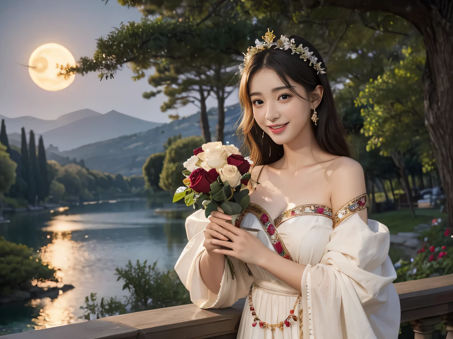 Giorgione painting style,roses in vase、fruits、Cute trinkets、smile、ancient greek costume、Clothes that stretch your shoulders、A big smile、Female singer holding sheet music in both hands,Giorgione painting style,roses in vase、fruits、Cute trinkets、smile、ancient greek costume、Background is a forest lake at night 、Clothes that stretch your shoulders、A big smile、beautiful bare skin,moonlight