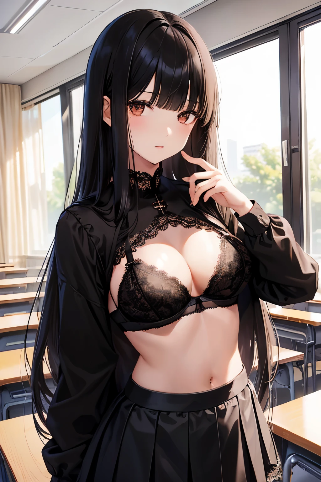 best quality, highres,Slender、brown eyes、tall、black hair、(bangs bangs:1.5)、long hair,straight hair、classroom、19 years old、(black lace bra:1.5)、(black skirt:1.3)、 8 heads tall
