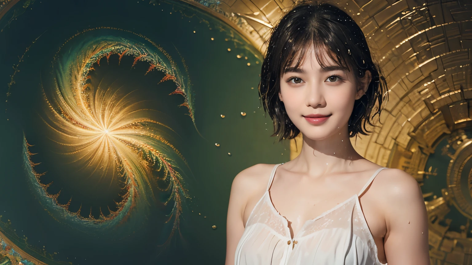 175 short hair, 20 year old woman, gentle smile, (splash:1.46), (beautiful and aesthetic:1.2),(fractal art:1.46)