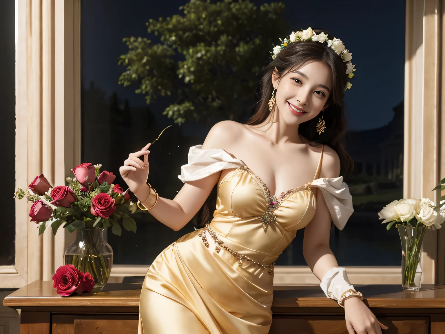 Giorgione painting style,roses in vase、fruits、Cute trinkets、smile、ancient greek costume、Clothes that stretch your shoulders、A big smile、Female singer holding sheet music in both hands,Giorgione painting style,roses in vase、fruits、Cute trinkets、smile、ancient greek costume、Background is a forest lake at night 、Clothes that stretch your shoulders、A big smile、beautiful bare skin,moonlight