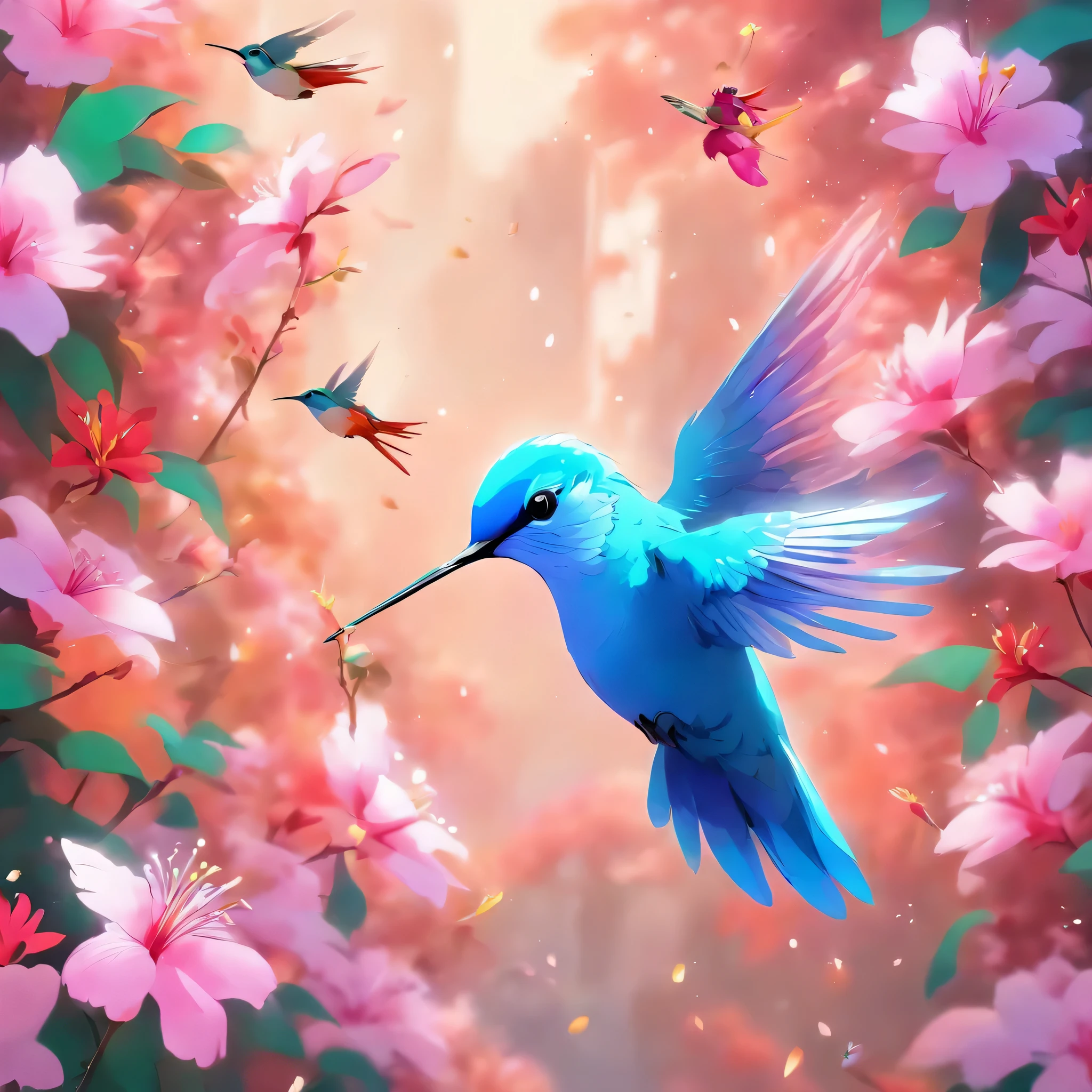 a blue bird flying near a pink flower, a digital rendering, hummingbird, beautiful nature, living nature, painting of a hummingbird, really beautiful nature, nature photo, beautiful image, !!natural beauty!!, incredibly beautiful, stunning visual, insects and birds, very beautiful photo, 