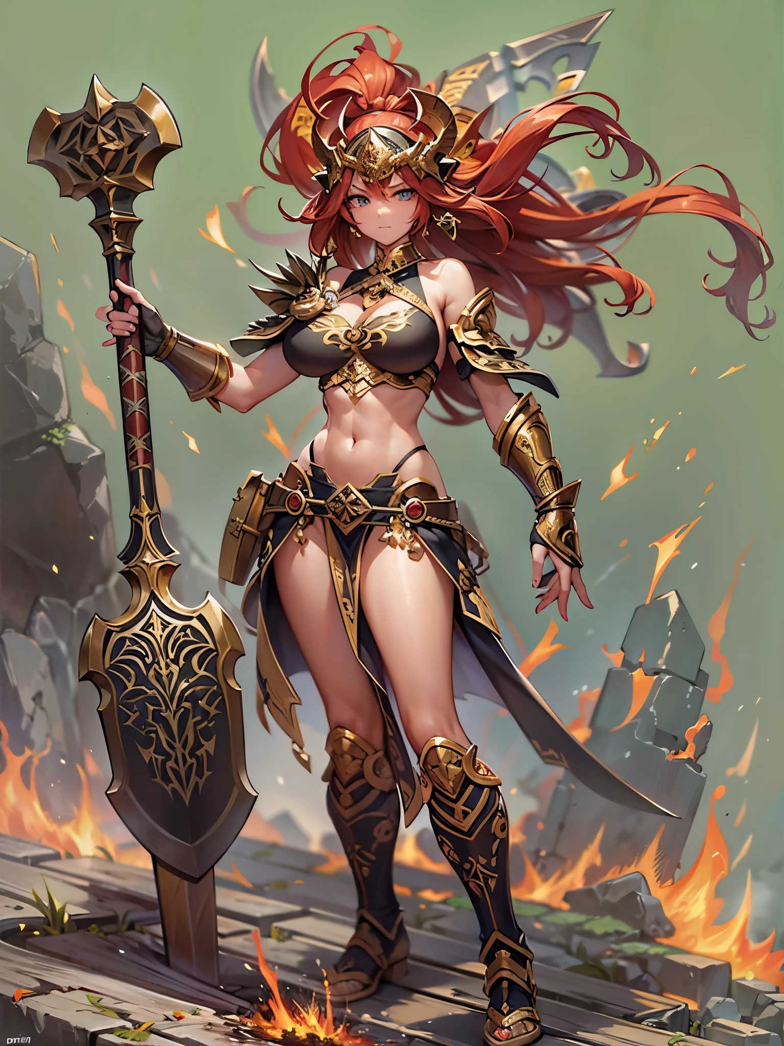 ((highest quality)),(ultra high resolution),(Super detailed),(detailed description),((best CG)),(best work of art),super precision art,amazing drawing art,(Art with precise details:1.5), (female war god:1.6),(beautiful trained body:1.5),angry face:1.7,(Intricately detailed carved fiery armor:1.6,riveting:1.2),(Standing quietly with a huge ax:1.6), huge bonfire:1.7,falling sparks:1.8