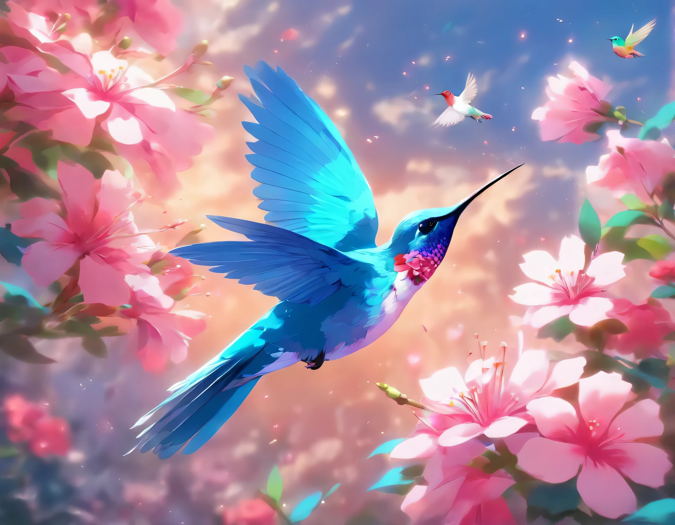 a blue bird flying near a pink flower, a digital rendering, hummingbird, beautiful nature, living nature, painting of a hummingbird, really beautiful nature, nature photo, beautiful image, !!natural beauty!!, incredibly beautiful, stunning visual, insects and birds, very beautiful photo,