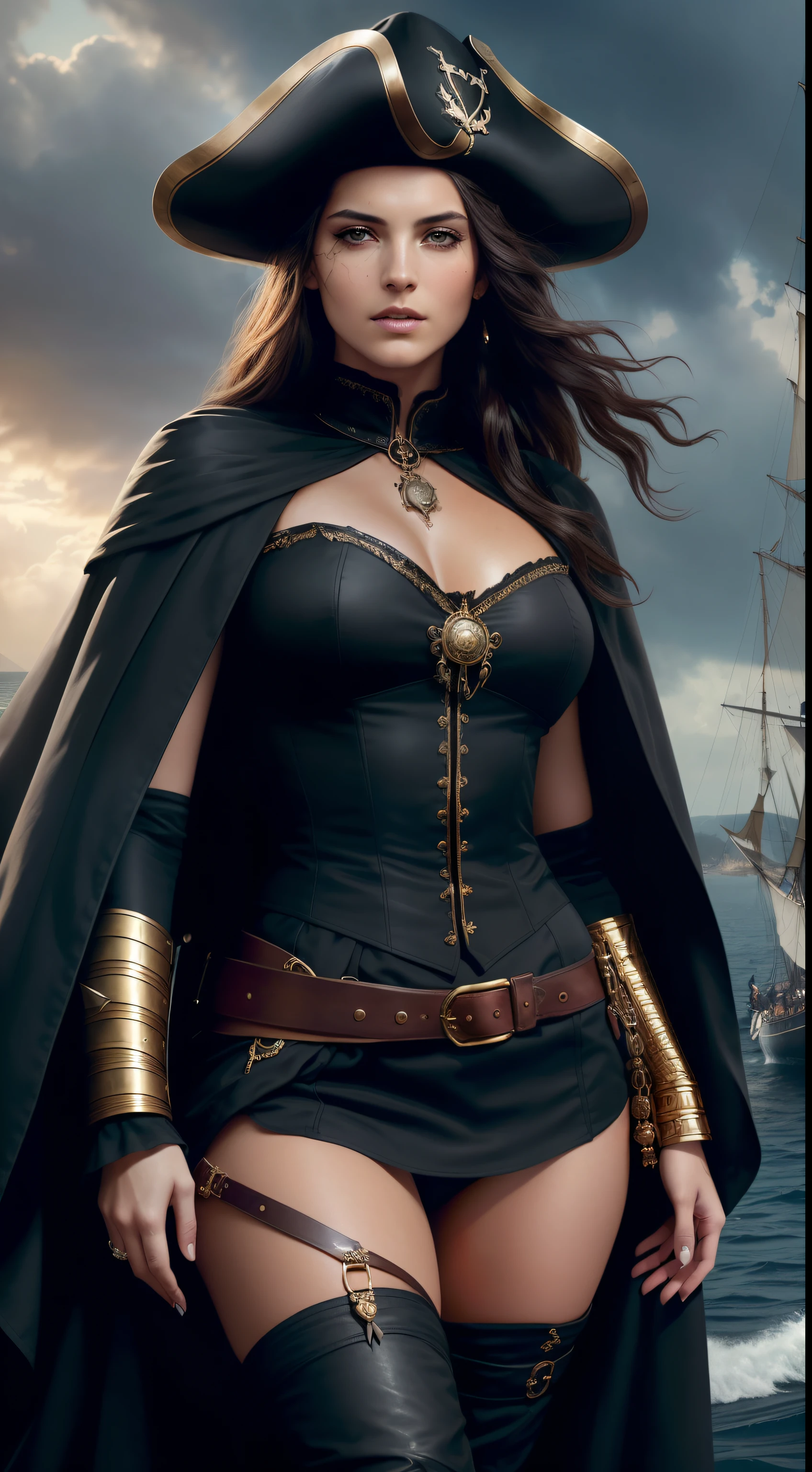 Photo, 4k, The pirate captain, The most beautiful and sensual woman, with intense eyes and dark hair, Tanned by the sun and marked by battle scars. Her left eye is covered by a leather patch. She dresses in a mix of nautical clothing and looted treasures, with a billowing black cape. His presence exudes authority and charisma in every step. Posing, Precise details, Detailed face, fantasy, dramatic, intricate, elegant, Highly detailed, Digital painting, art station, Conceptual art, Sharp soft focus, illustration, Art by Gustave Dore , octane, 4k , (Only:1.4)
