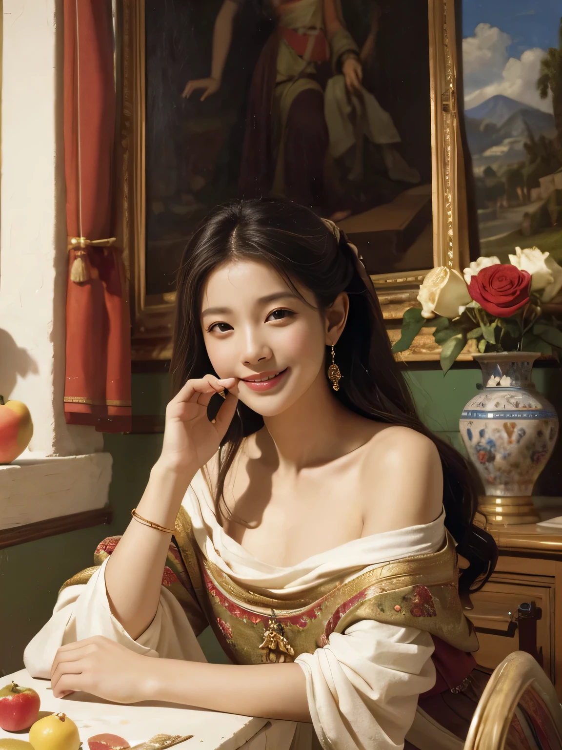 Giorgione painting style,roses in vase、fruits、Cute trinkets、smile、ancient greek costume、Clothes that stretch your shoulders、A big smile、beautiful bare skin,Female painter painting oil in her studio,Woman painting in oil with oil brush and palette
