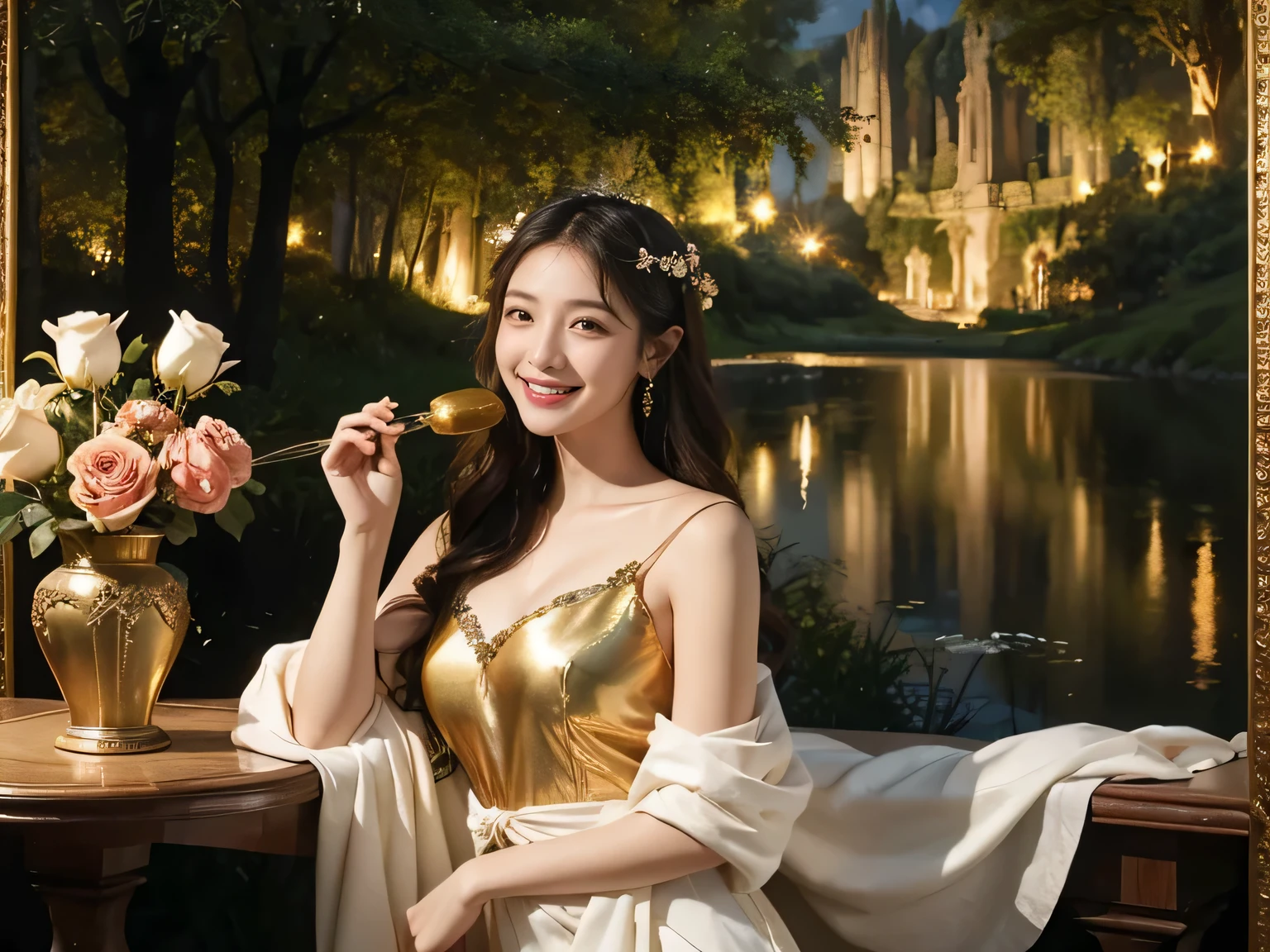 Giorgione painting style,Arguments of two female P、roses in vase、fruits、Cute trinkets、smile、ancient greek costume、Background is a forest lake at night ,A big smile、beautiful bare skin,Woman singing with sheet music
