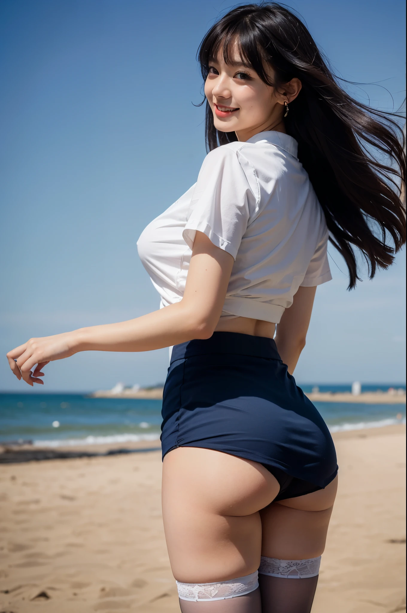 (highest quality, 8k, 32k), masterpiece, ultra high resolution, (realistic: 1.4), sexy pictures, 1girl, big breasts, Japanese, black hair, bangs, long hair, 19 years old, short long hair wavy hair、bangs、plump nipples、(The white shirt is transparent)、(Navy long skirt), black stocking dium milk, cute smile、((Pose that emphasizes the buttocks、looked back))、sexy hips、black high heels、big necklace、((((the wind blew my skirt, expose my panties))))、(Light blue lace panties)、cute earrings、(tilt your head a little),