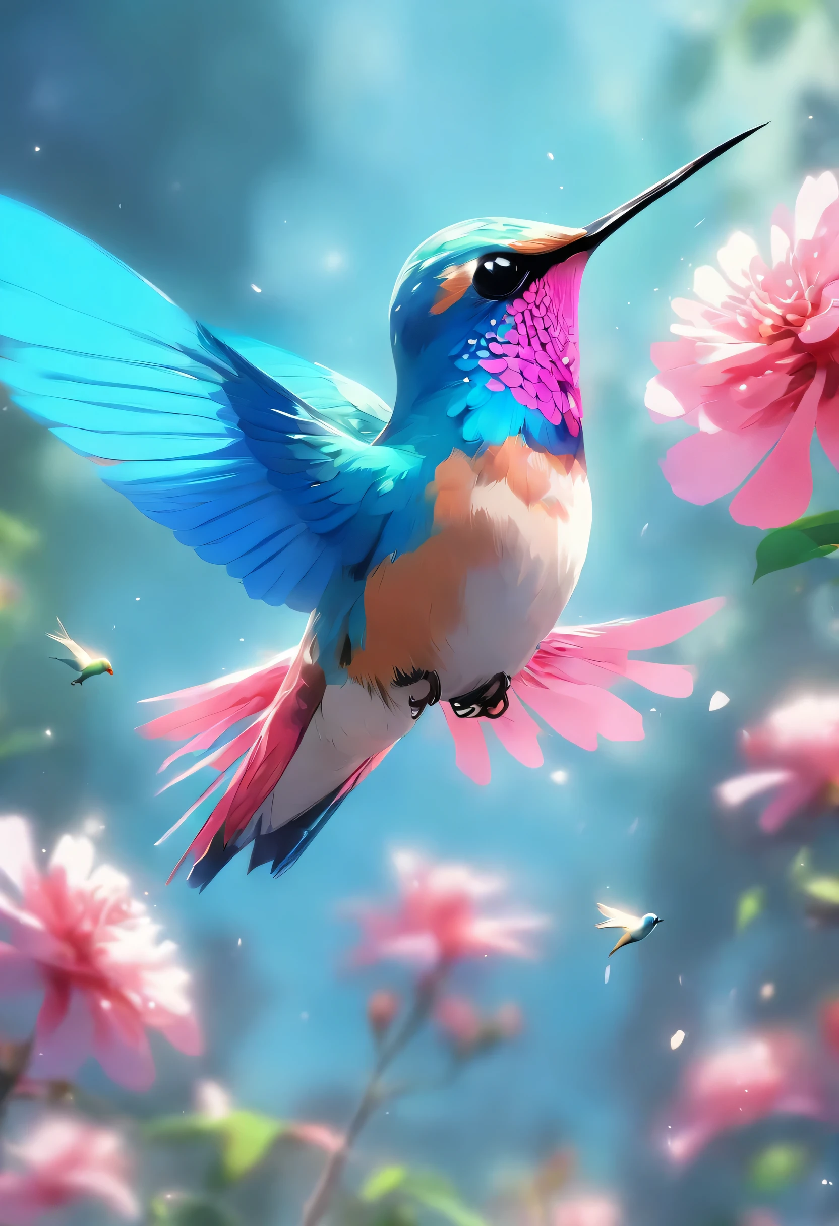 a blue bird flying near a pink flower, a digital rendering, hummingbird, beautiful nature, living nature, painting of a hummingbird, really beautiful nature, nature photo, beautiful image, !!natural beauty!!, incredibly beautiful, stunning visual, insects and birds, very beautiful photo,