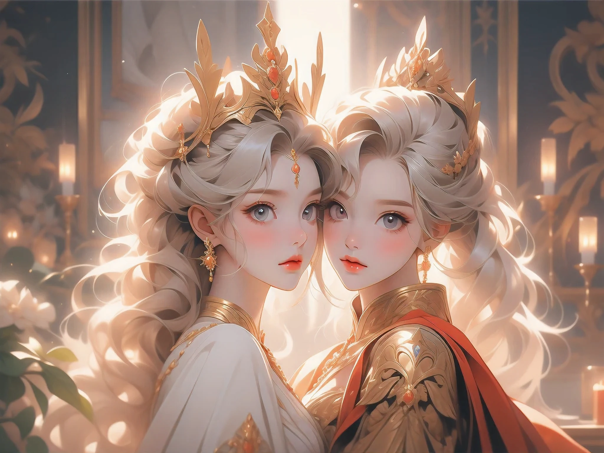 (demon princess, knight embracing),(oil painting:1.1),vibrant colors,beautiful detailed eyes,beautiful detailed lips,ultra-detailed,long eyelashes,elaborate armor,flowing cape,fantasy setting,royal palace,golden crown,enchanted sword,moonlit night,subtle shadows,soft glow of candlelight