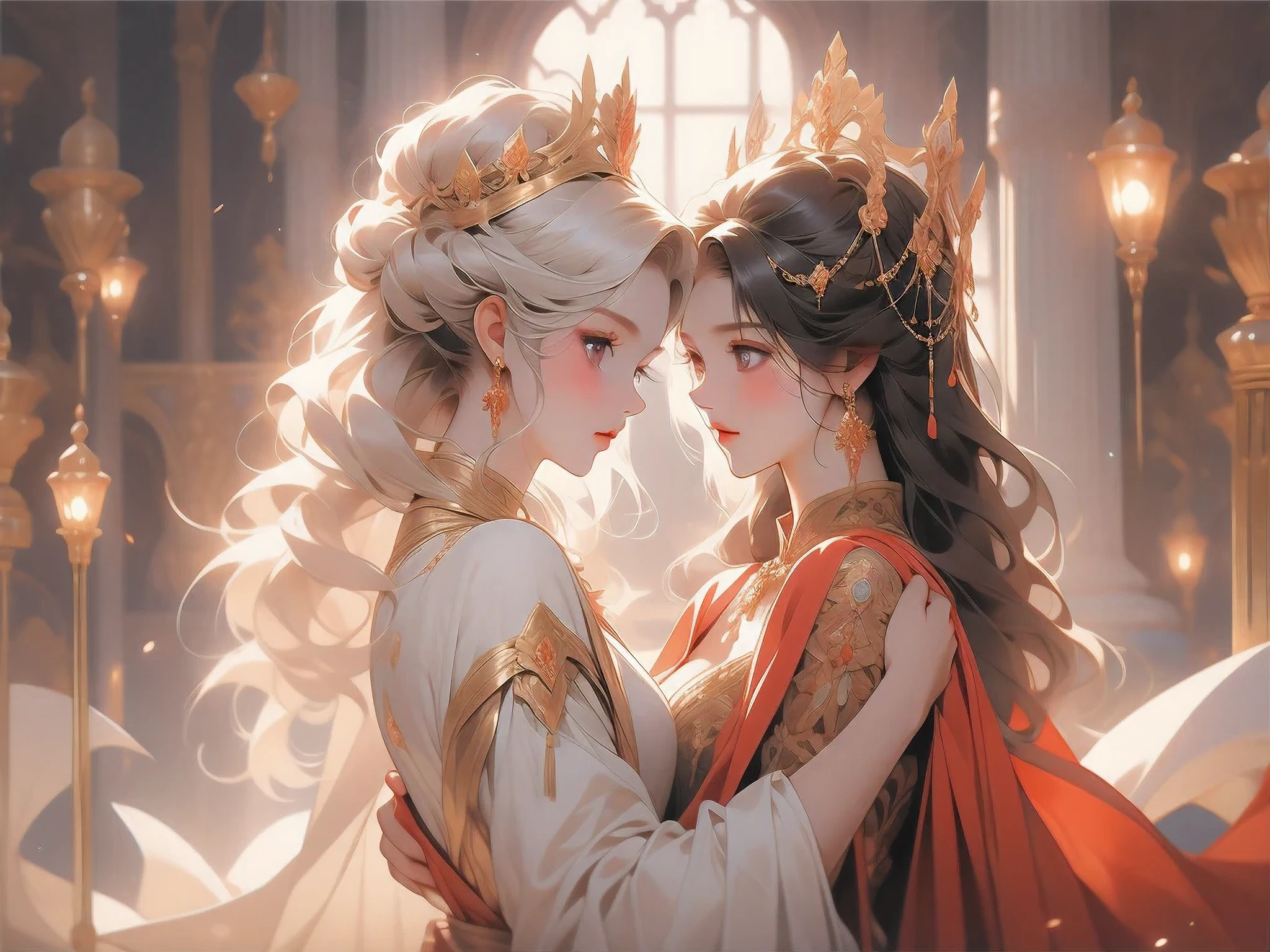 (demon princess, knight embracing),(oil painting:1.1),vibrant colors,beautiful detailed eyes,beautiful detailed lips,ultra-detailed,long eyelashes,elaborate armor,flowing cape,fantasy setting,royal palace,golden crown,enchanted sword,moonlit night,subtle shadows,soft glow of candlelight