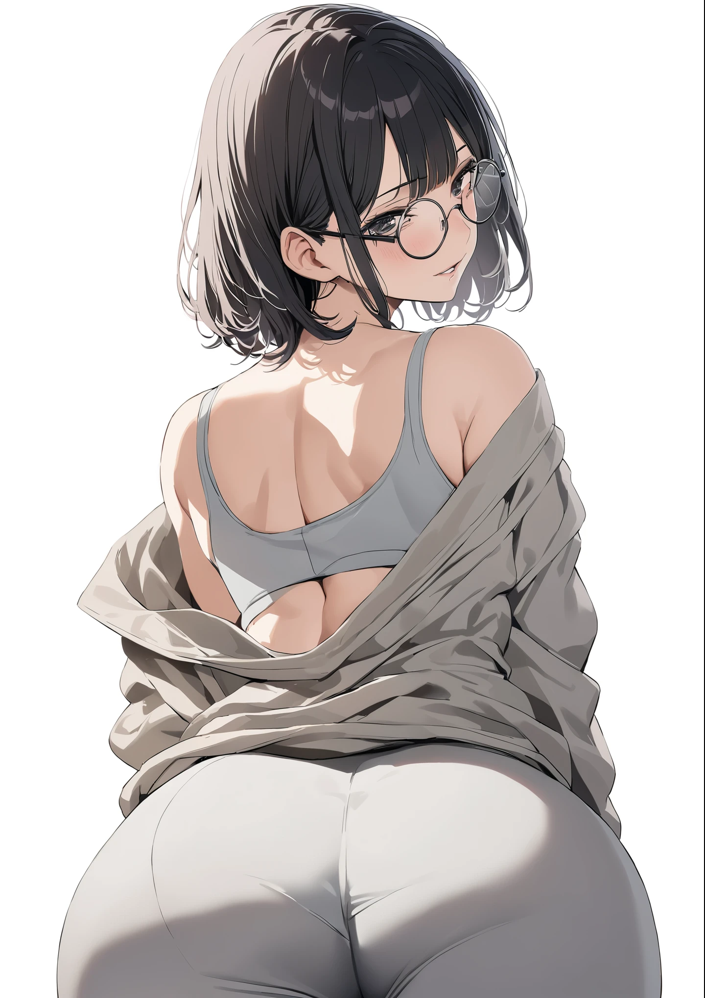 official art, no text, \(blue archive\) \(oshi no ko\), breasts, very huge breasts, short hair, hair almost over eyes, half closed eyes, blunt bangs, black eyes, gyaru, parted lips, black hair, black eyewear, round eyewear, grey sport bra, cleavage, grey jacket, grey yoga pants, head tilt, long sleeves, off shoulder, single bare shoulder, rimless eyewear, mature, thick, milf, ass, looking back, looking at viewer, white background, close-up, ass to head, view from back, from above, depth of field, masterpiece, best quality, realistic light and shadow