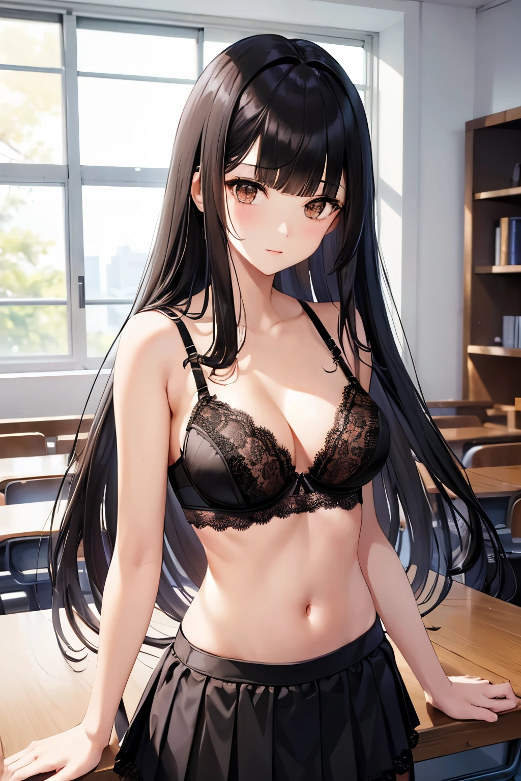 best quality, highres,Slender、brown eyes、tall、black hair、(bangs bangs:1.5)、long hair,straight hair、classroom、19 years old、(black lace bra:1.5)、(black skirt:1.3)、 8 heads tall