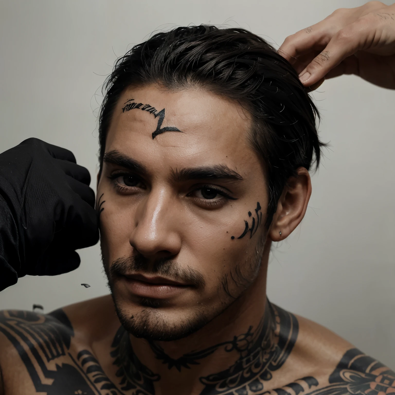 Black tattoo on man face