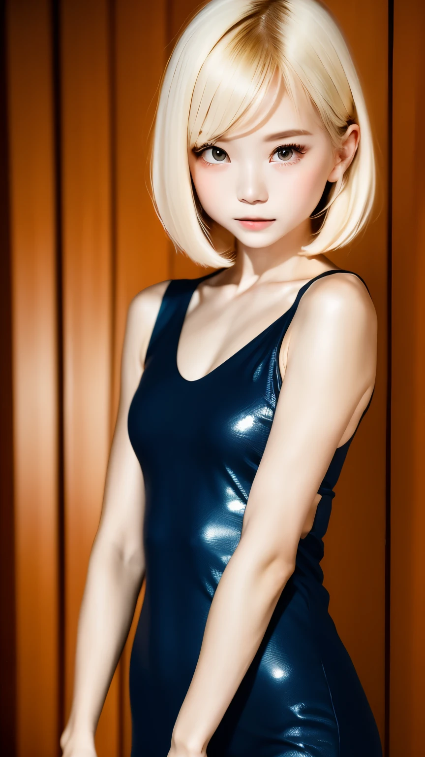 RAW shooting、Photoreal、Masseter muscle part、one girl、baby face、very cute、Slender and beautiful、((small breasts:1.2))、realistic eyes、eyes are realistic、Realistic and carefully drawn eyes、charming eyes、platinum blonde hair、short bob、choken sequin dress、Champagne Gold Dress、Chess gangte sleeveless dress with bold opening、cumbersome pose、luxury dance hall、dimly lit dance hall、small title background、highest quality、ultra high resolution、８ｋ、