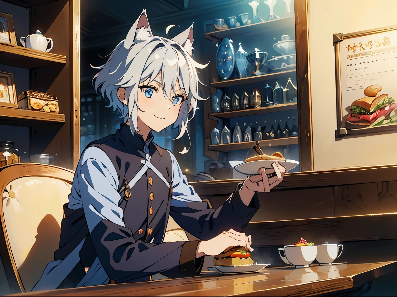 masterpiece, A world where magic and technology coexist, fantasy，wonderland，cat ears boy(gray hair, short hair) ，1 person，beautiful eyes、depicted in detail， Upper body illustration,meal，smile，Hobaru，Mouth swells， biting thin hamburger，Cafe，Inside the store，sit on a chair，indoor，pants