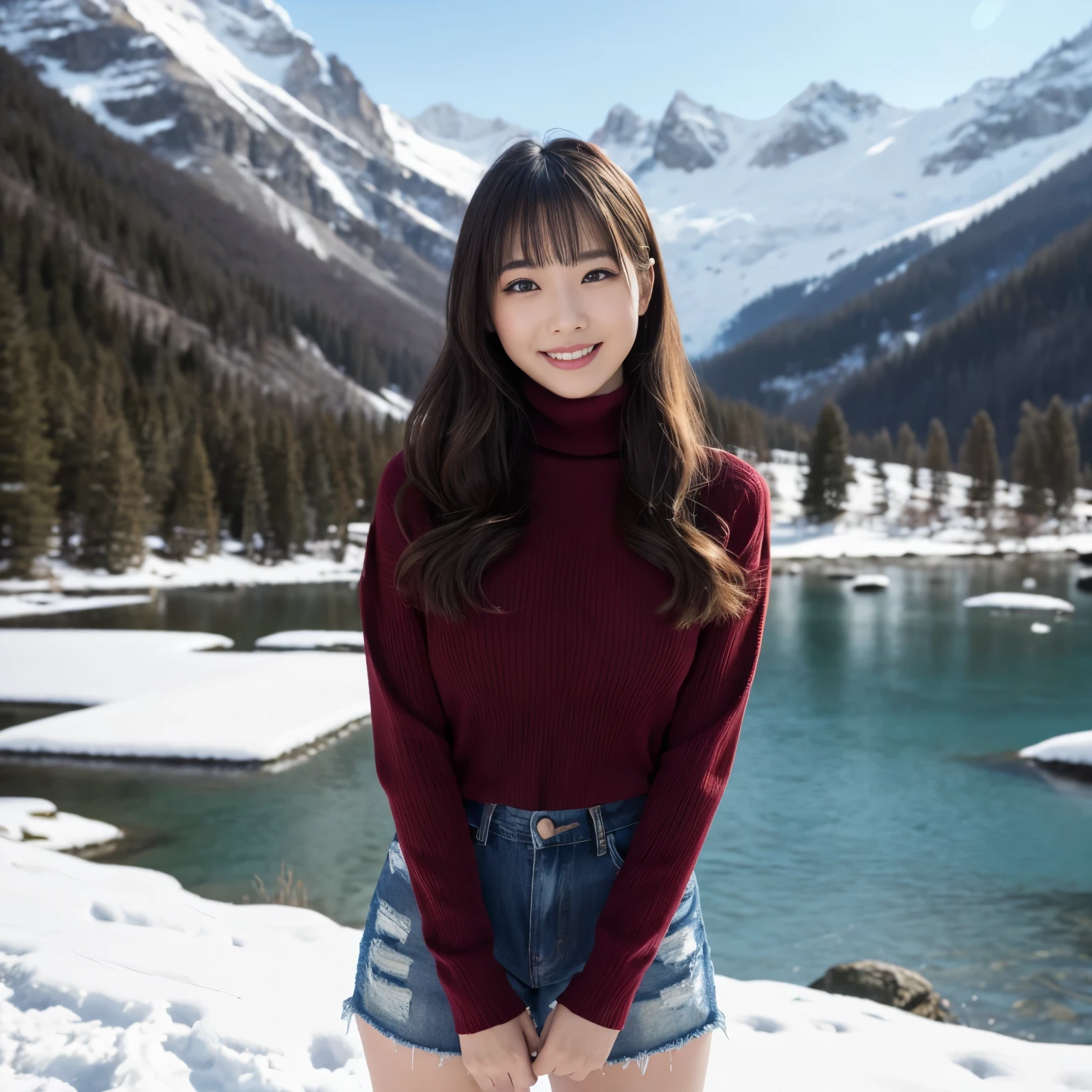 (table top、highest quality、8k、Award-winning work、ultra high resolution)、one beautiful woman、(Perfect burgundy turtleneck long sleeve sweater:1.2)、(Ripped denim shorts:1.2)、Standing gracefully、elegant long hair、( Beautiful snowy scenery deep in the mountains of Northern Europe:1.1)、(Deep in the mountains surrounded by nature:1.1)、(blurred background:1.1)、(very bright and vivid:1.1)、(very bright and glowing skin:1.1)、winter、(heavy snow is falling:1.1)、long legs、long legs、the biggest smile looking at me、very big breasts、emphasize body line、perfect fit、glamorous body、accurate anatomy、ultra high definition hair、ultra high resolutionの完璧な美しい歯、Ultra high definition beauty face、ultra high definition hair、Super high-definition sparkling eyes、輝くultra high resolutionの美肌、ultra high resolutionの艶やかな唇、epic movie lighting、the most romantic、the moodiest、romantic love mood