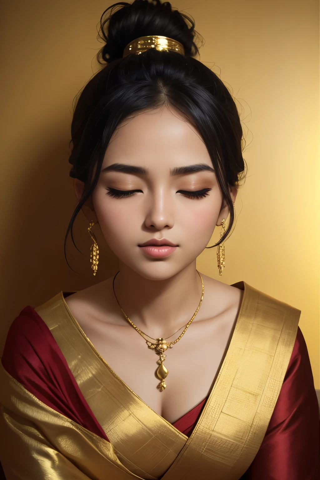 Sexy woman, black hair tied in a bun, smokey eyes, eyeliner, blushing intensely, fairest skin, plump face, soft lips, gold blouse, white saree with gold borders, pinned against a wall