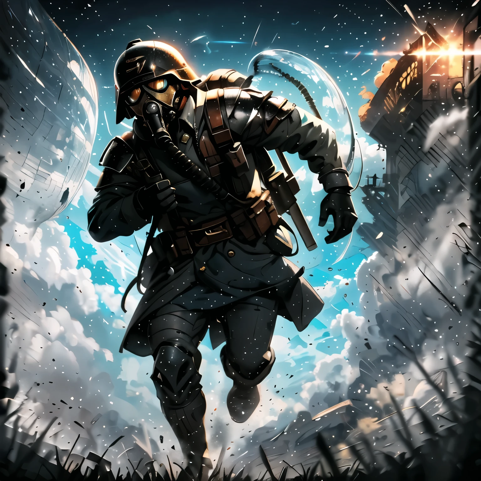 there is a man in a gas mask and on a gas mask, Dieselpunk art style, cover Game art, game key art, Ludwik Konarzewski Jr, detailed Game art illustration, fps game concept art, Game illustration, Ludwik Konarzewski, Game art, Helghast, Reversing the battlefield, detailed Game art