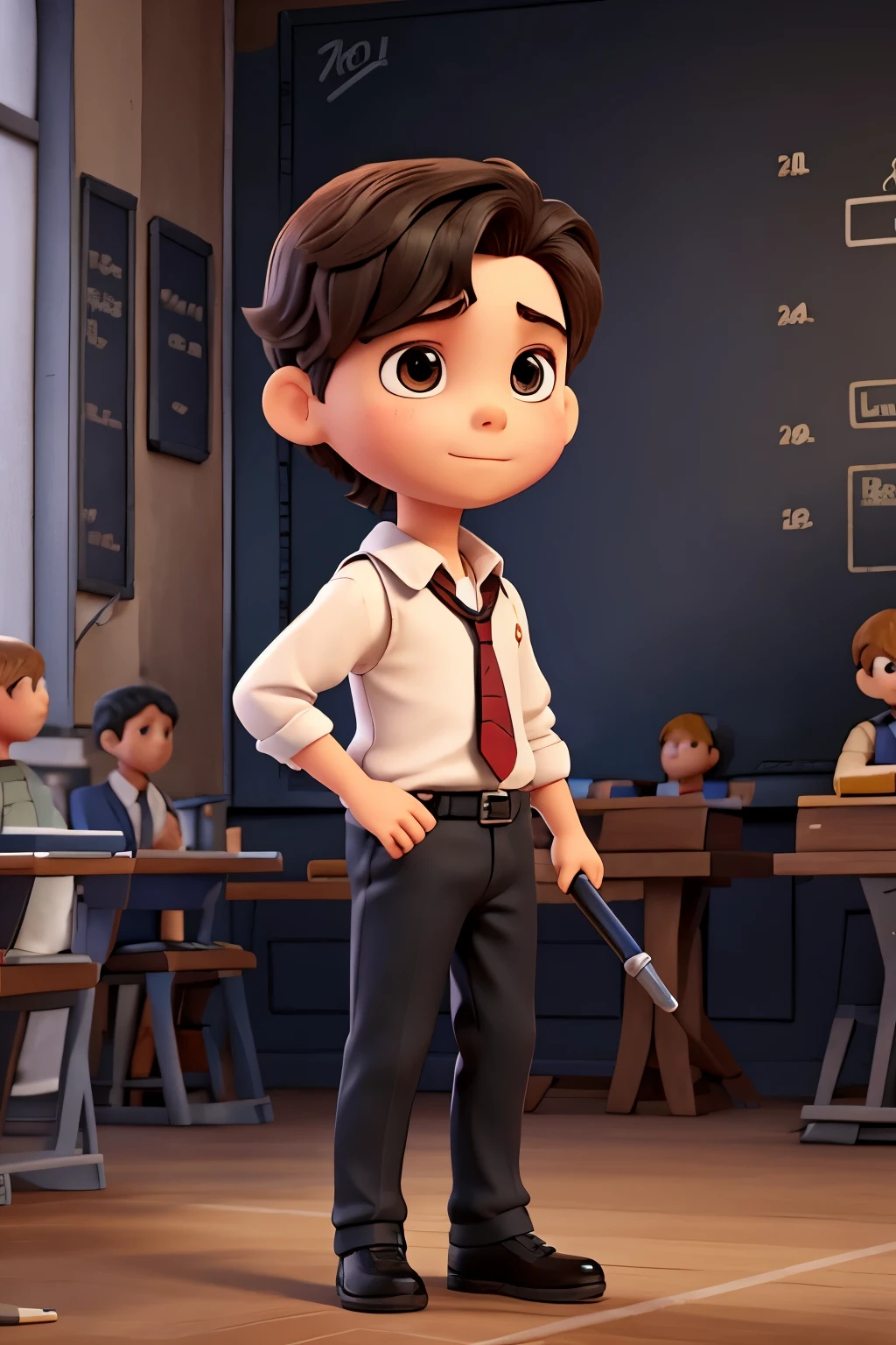 A standing full-body boy figure doll version,Point to the blackboard with a baton in hand,Lectures are being given