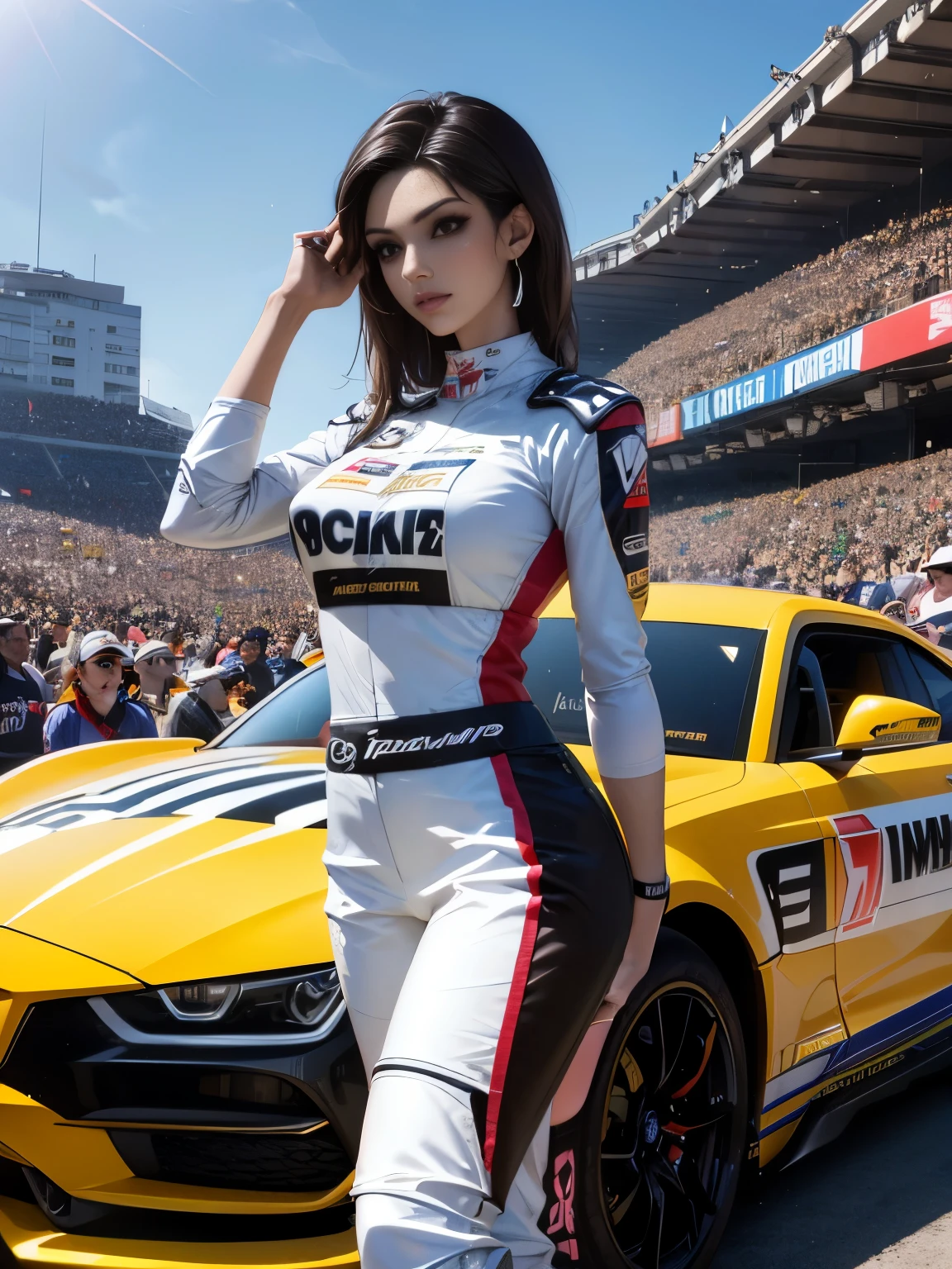 Unreal Engine 5 Realistic Rendering, cosplayer, Random Posing, Race Queen、Uniform with logo、 Exquisite beauty、Beautiful face, Body shape of slim model, Colossal tits, shiny, wet shiny body, short white hair, (((Dark brown skin beauty))), neons、Large crowds、audience、Forming an emperor、Drag racing、Midsommar Racing Circuit、racing car、Lower grade、Large crowds、Spectators、