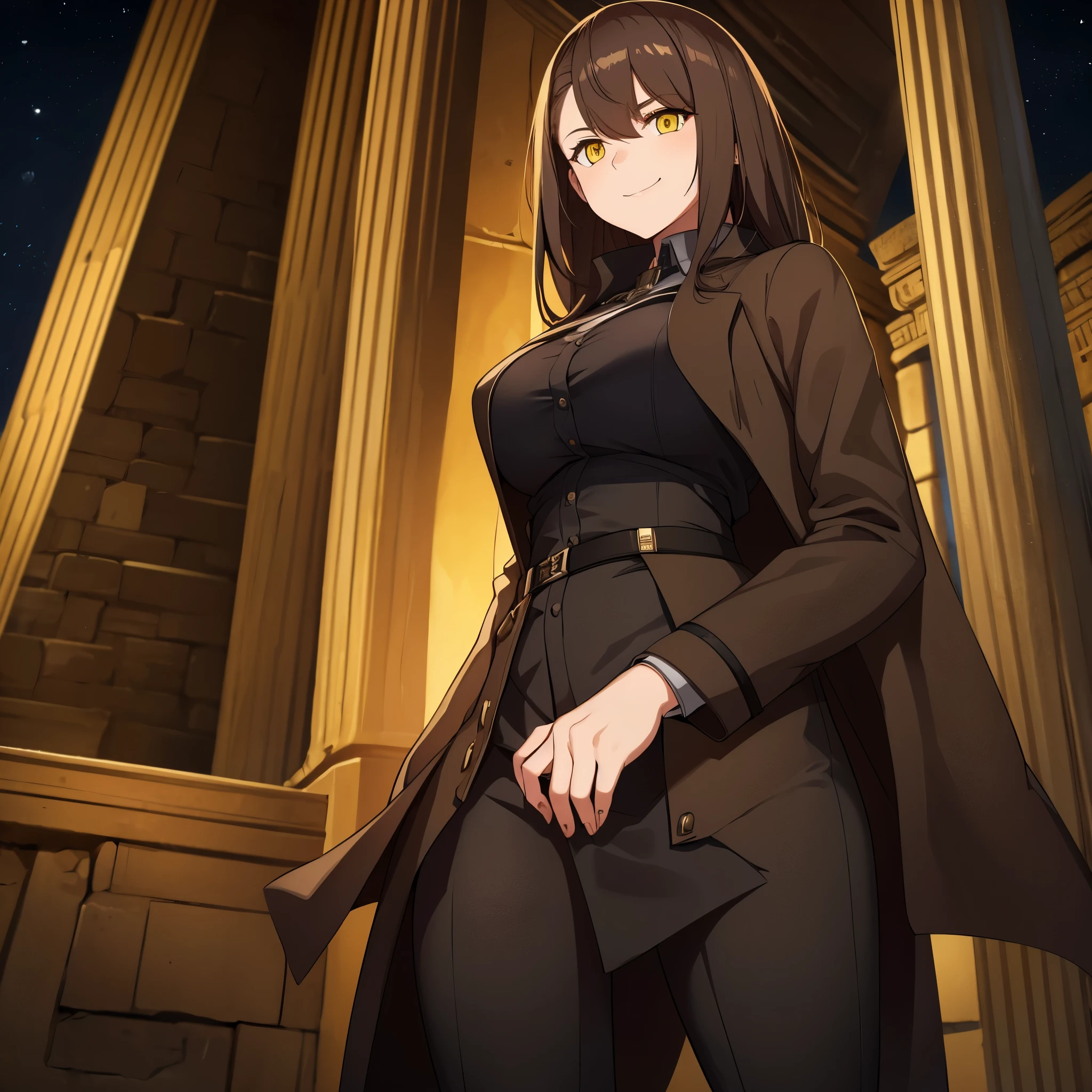 A woman with a long beige coat, black pants, black shirt, brown hair, yellow eyes, in an ancient Greek structure at night, smiling
