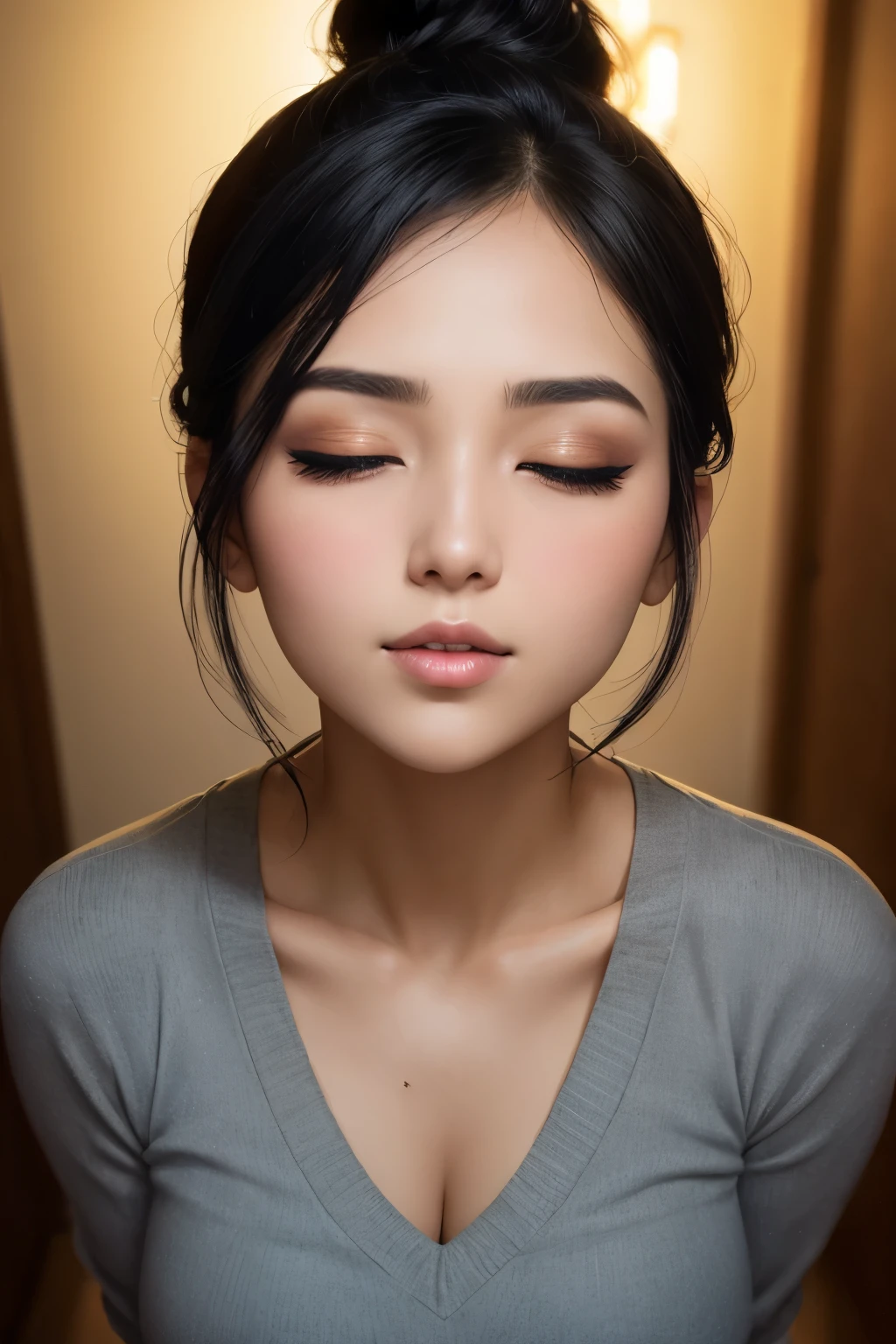 Sexy woman, black hair tied in a bun, smokey eyes, eyeliner, blushing intensely, fairest skin, plump face, soft lips, gold blouse, pinned against a wall