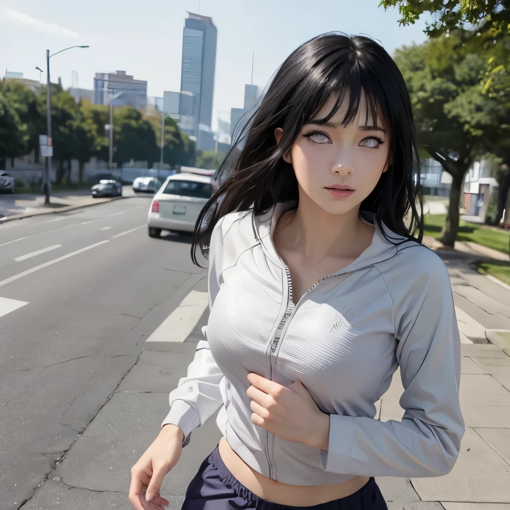 Masterpiece, textured skin, super detail, high detail, high quality, best quality, 1080p, 16k,  big breast, ((jogging))  adult. Hinata hyuga . outfit jogging. Hinata jogging, big breast, byakugan eye. Hinata hair. Jogging run, white eye, byakugan eye, perfect finger