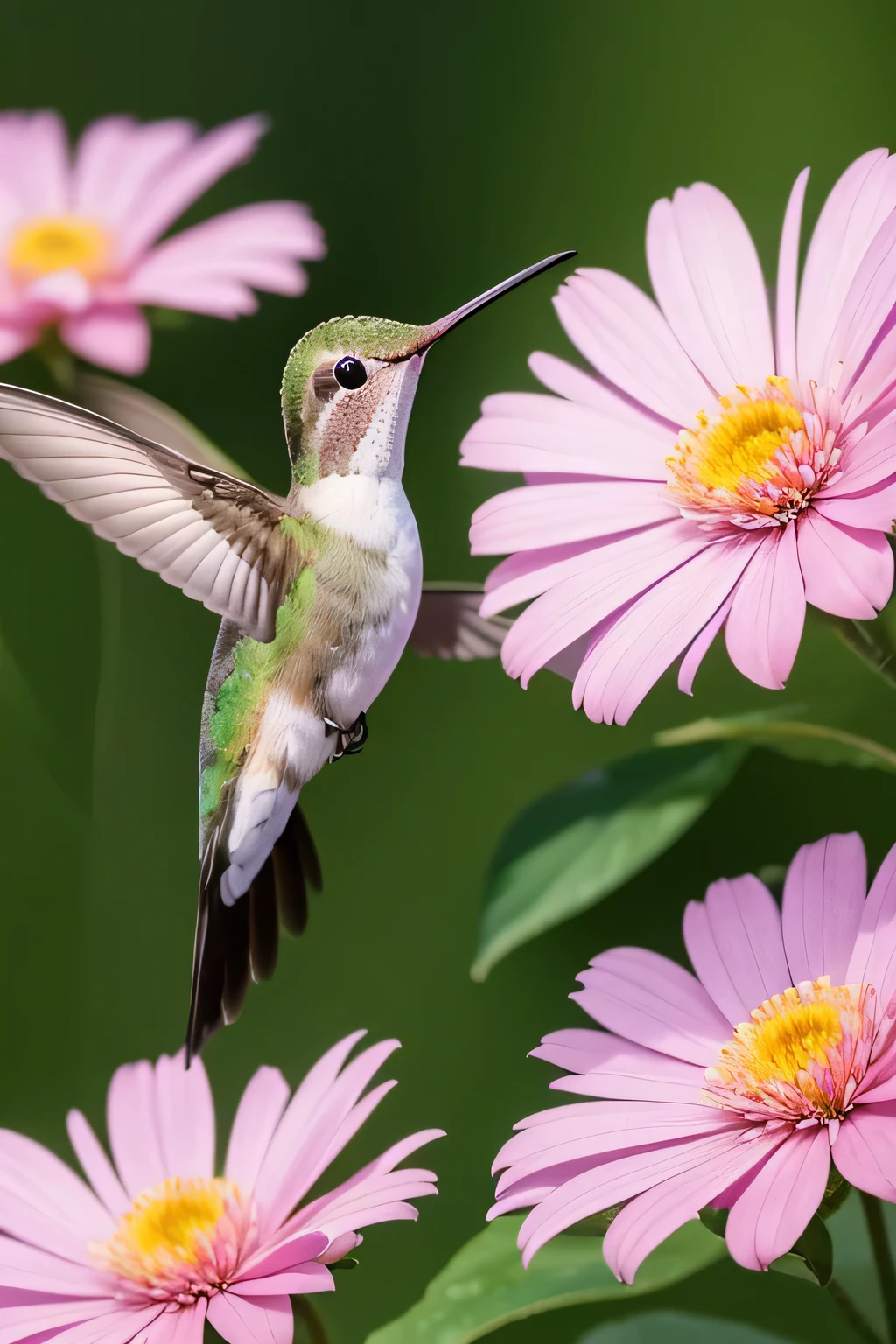 there is a hummingbird that is flying towards a flower, hummingbird, hummingbirds, eat snack, beautiful nature, beautiful angle, beautiful details, by Jim Nelson, Beautiful and elegant, nice photos, stroll, picking up a flower, spring morning, Perfect details, author：Dave Melvin, !!natural beauty!!, by Linda Sutton, nice shot, stroll in the air, flower