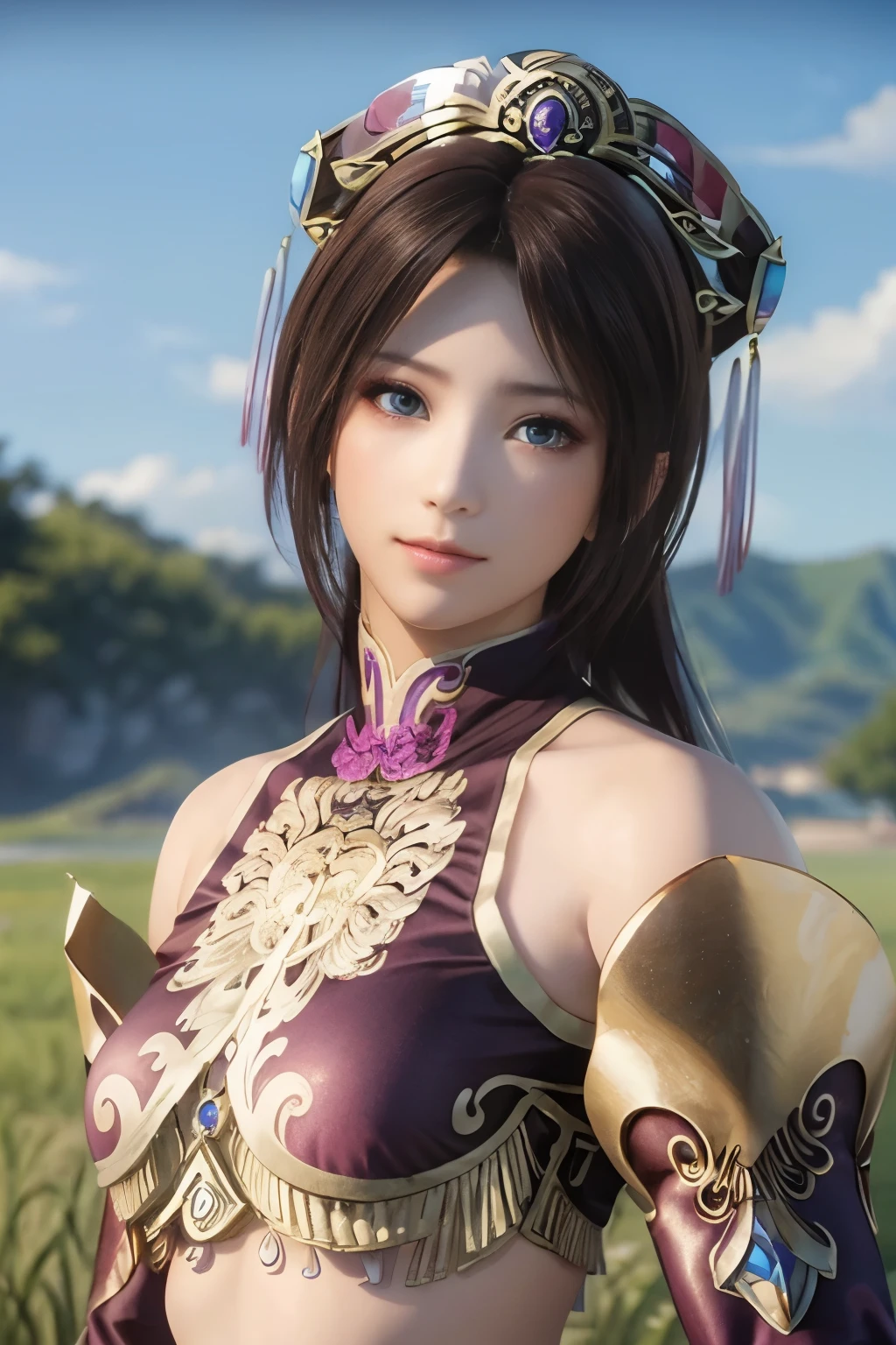 Diaochan of the Three Kingdoms,masterpiece、field,grassy area,beautiful girl、fine eyes、puffy eyes、highest quality, 超High resolution, (reality: 1.4), movie lighting、Japanese、asian beauty、Korean、super beautiful、beautiful skin、(超reality的な)、(High resolution)、(8k)、(very detailed)、(美しくfine eyes)、(Super detailed)、detailed face、bright lighting、professional lighting、slanted bangasterpiece:1.4),(highest quality:1.4),(disorganized:1.4)