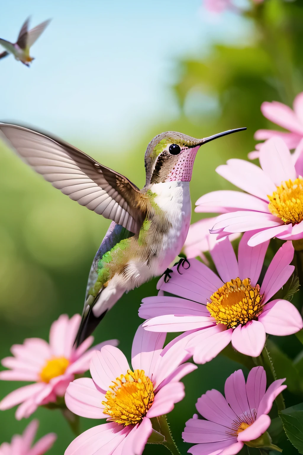 there is a hummingbird that is flying towards a flower, hummingbird, hummingbirds, eat snack, beautiful nature, beautiful angle, beautiful details, by Jim Nelson, Beautiful and elegant, nice photos, stroll, picking up a flower, spring morning, Perfect details, author：Dave Melvin, !!natural beauty!!, by Linda Sutton, nice shot, stroll in the air, flower