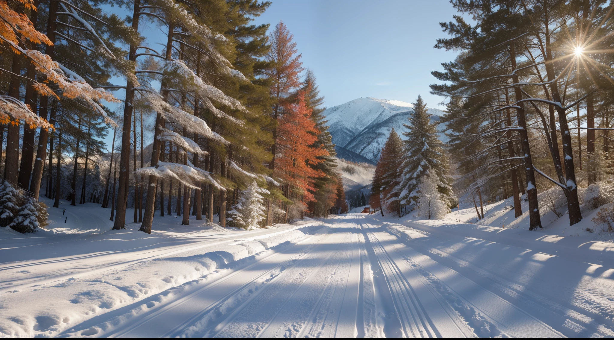 The snow-covered road is surrounded with magnificent red maple trees on both sides of the mountains and the road ends at the sea.