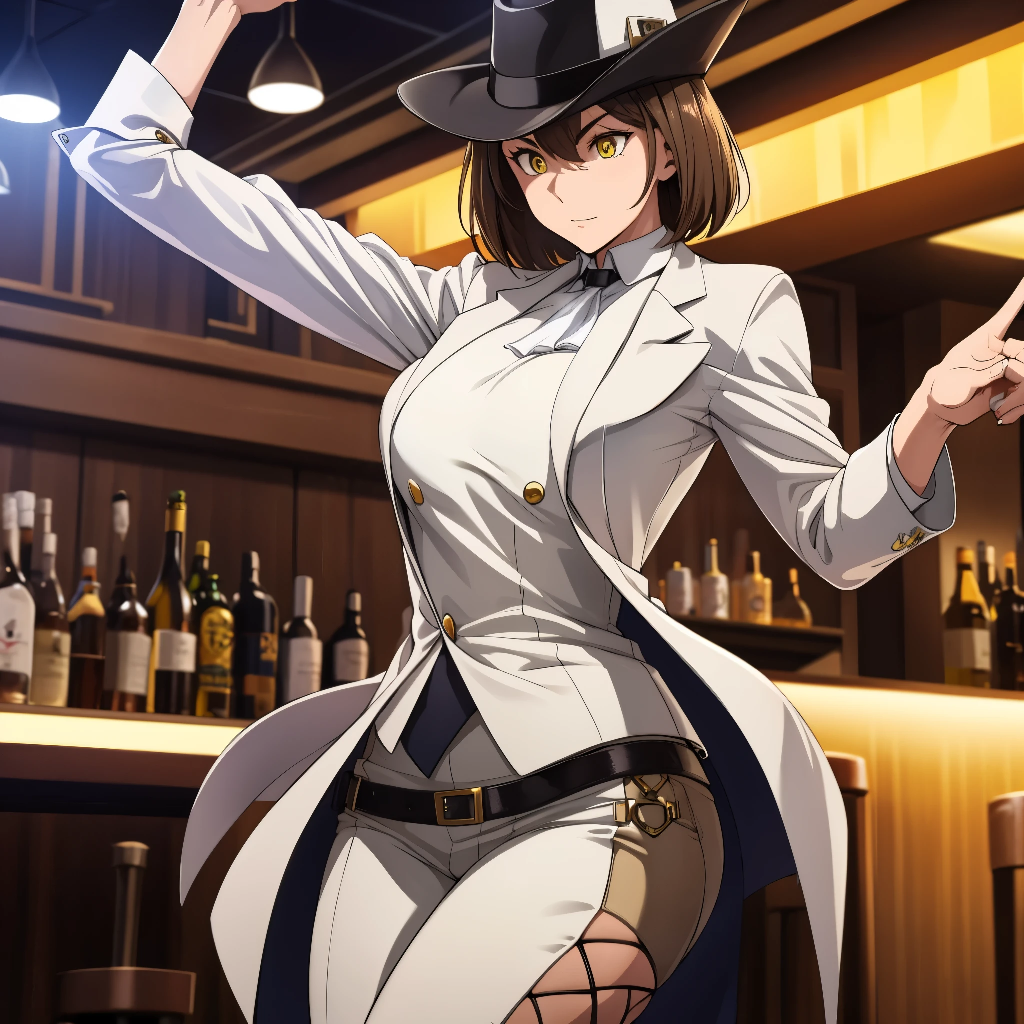 A woman with short brown hair, yellow eyes, wearing a white smooth criminal style suit, white hat, dancing in a bar at night.
