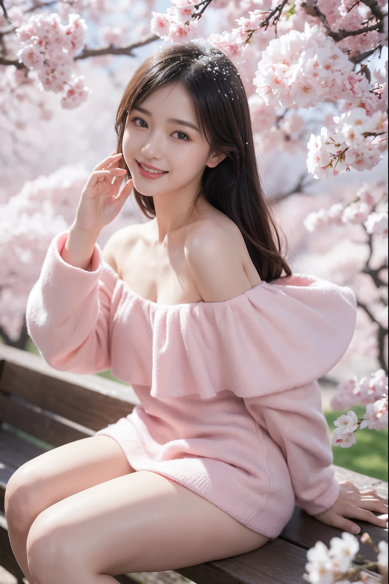 8k，Award-winning works，dynamic poses，1 girl，Detailed eye details，Just look at the audience，Smile，Perfect body，off shoulder dress，sit down，Cherry tree，Cherry tree下的宁静景色, Petals fall gently，like soft pink snow,