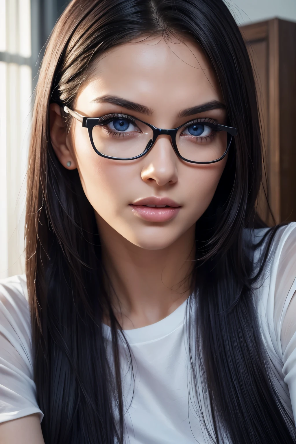 Pure black hair, (Waist-length hair), glowing hair, Detailed hair, Blue Eyes, beautidful eyes, extremely detailed eyes and face, Beautiful detailed eyes, Ultra-detailed, light on the face, Fair skin, a 22 year old girl, perfect pose, glasses, wearing an oversized white t-shirt, looking up at viewer, sad, Innovative Design, dynamic angle, perfect view, The perfect angle, Professional Quality, Very detailed octane rating, render, Ray tracing volumetric lighting, The perfect body, perfect faces, perfect hand, perfect fingers, perfect breasts, 8K high resolution, perfect composition, perfect light, perfect body type, realistic bimbo, Carmelto Indentation, Full body portrait close-up detail realism Pixiv animation trend realism trend civilization, display perfect teeth, happy
