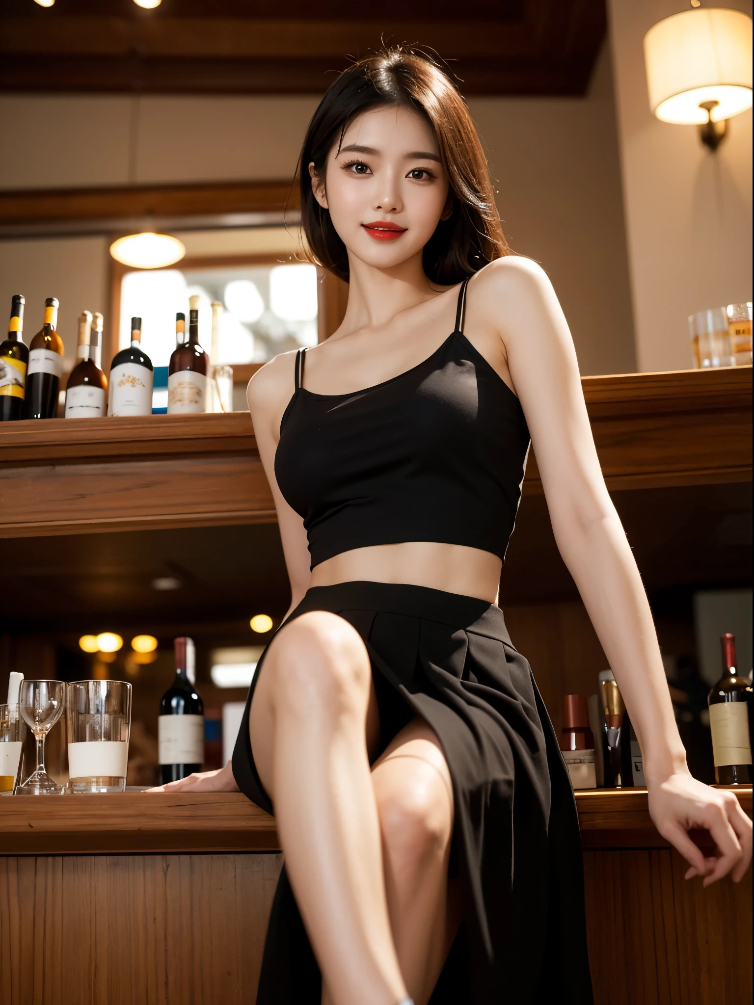 Special clothing52,pleated skirt,tie,Raise your legs high, Robbery girls,red lips,adult,cosmetics, liuyifei,((from below)),((Cowboy shooting)), a beautiful girl, a young female model,  Random pose, elegant posture, visually appealing, masterpiece, (best quality, 4k, 8k, high resolution, masterpiece:1.2), Super detailed, Ultra-fine painting, delicate face, slender figure, smiling, bright smile, in the bar, Stand and lean on the bar