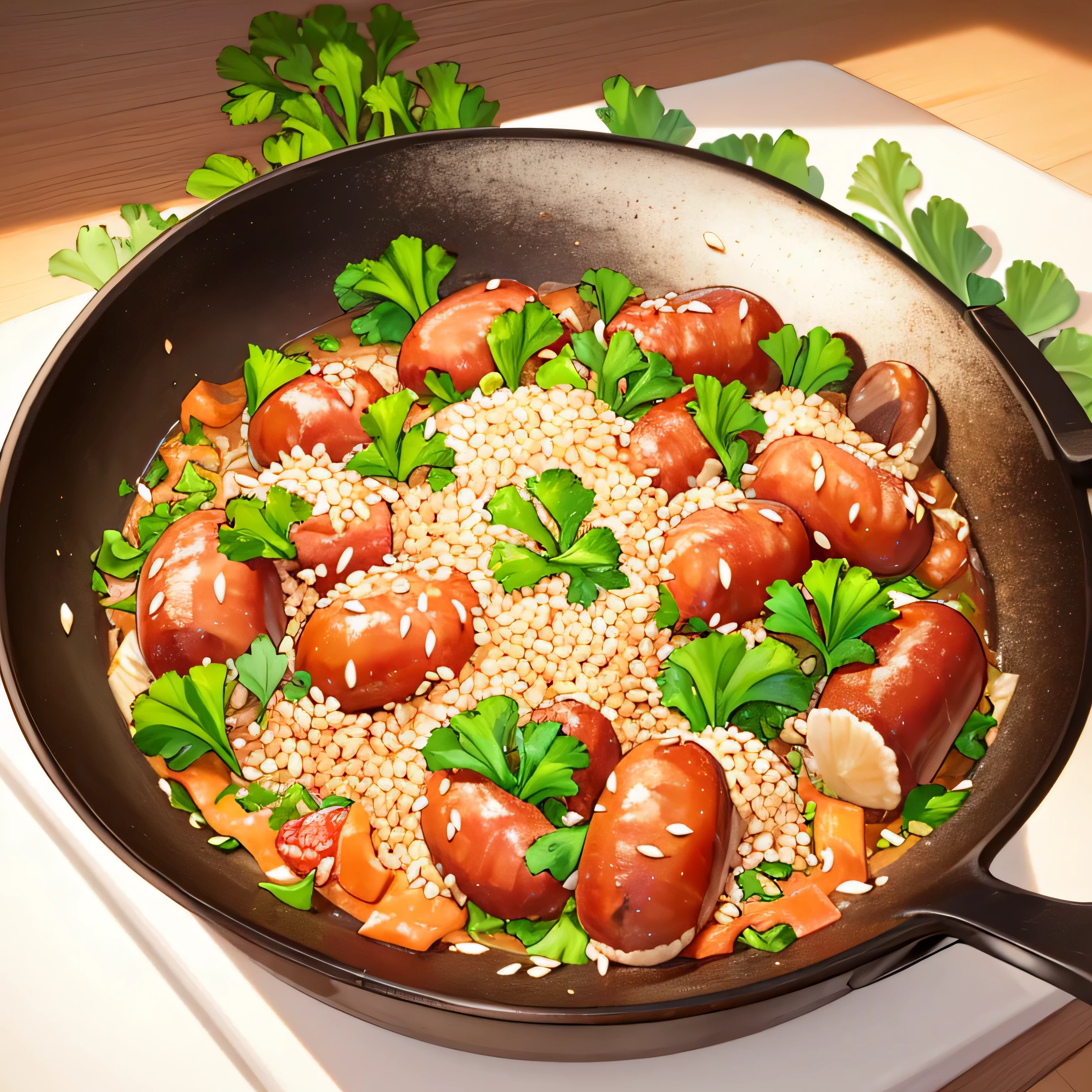 (Masterpiece)), ((High-definition)), Close-up, Sausage (Chopped:1.2), on a pristine cutting board, spices delicately scattered around, garlic cloves with intricate veins, sesame seeds ready to be ground, parsley greens adding a pop of color, the vibrant aroma wafting through the air, a kitchen setting filled with the promise of a savory meal.