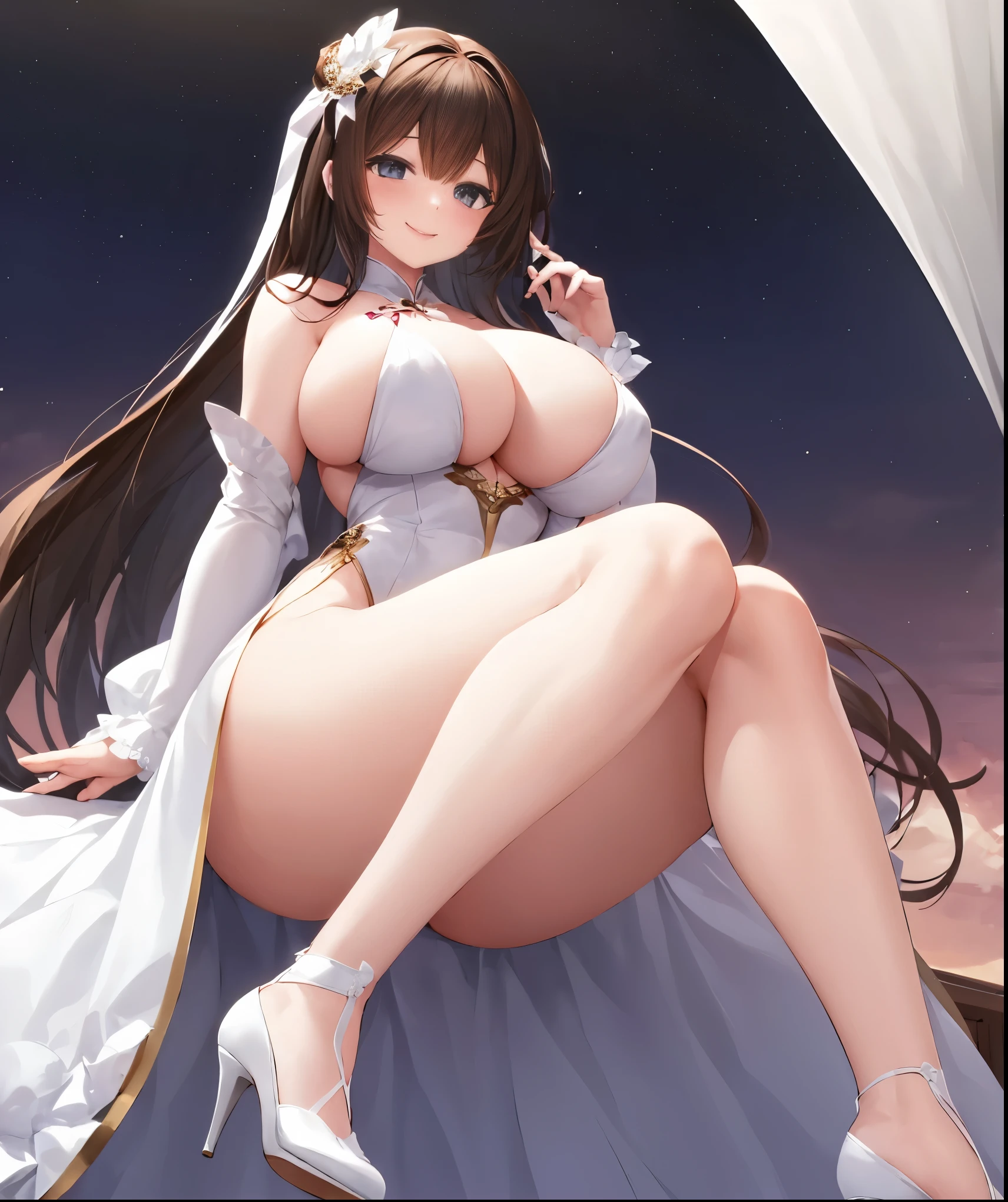 a girl,Has big,With a charming smile,Wearing white silk,High heel