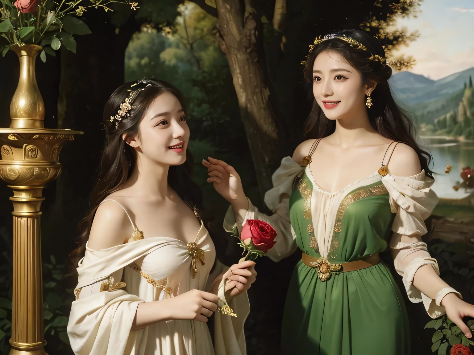 Giorgione painting style,Arguments of two female P、roses in vase、fruits、Cute trinkets、smile、ancient greek costume、Background is a forest lake at night ,A big smile、beautiful bare skin,Woman singing with sheet music