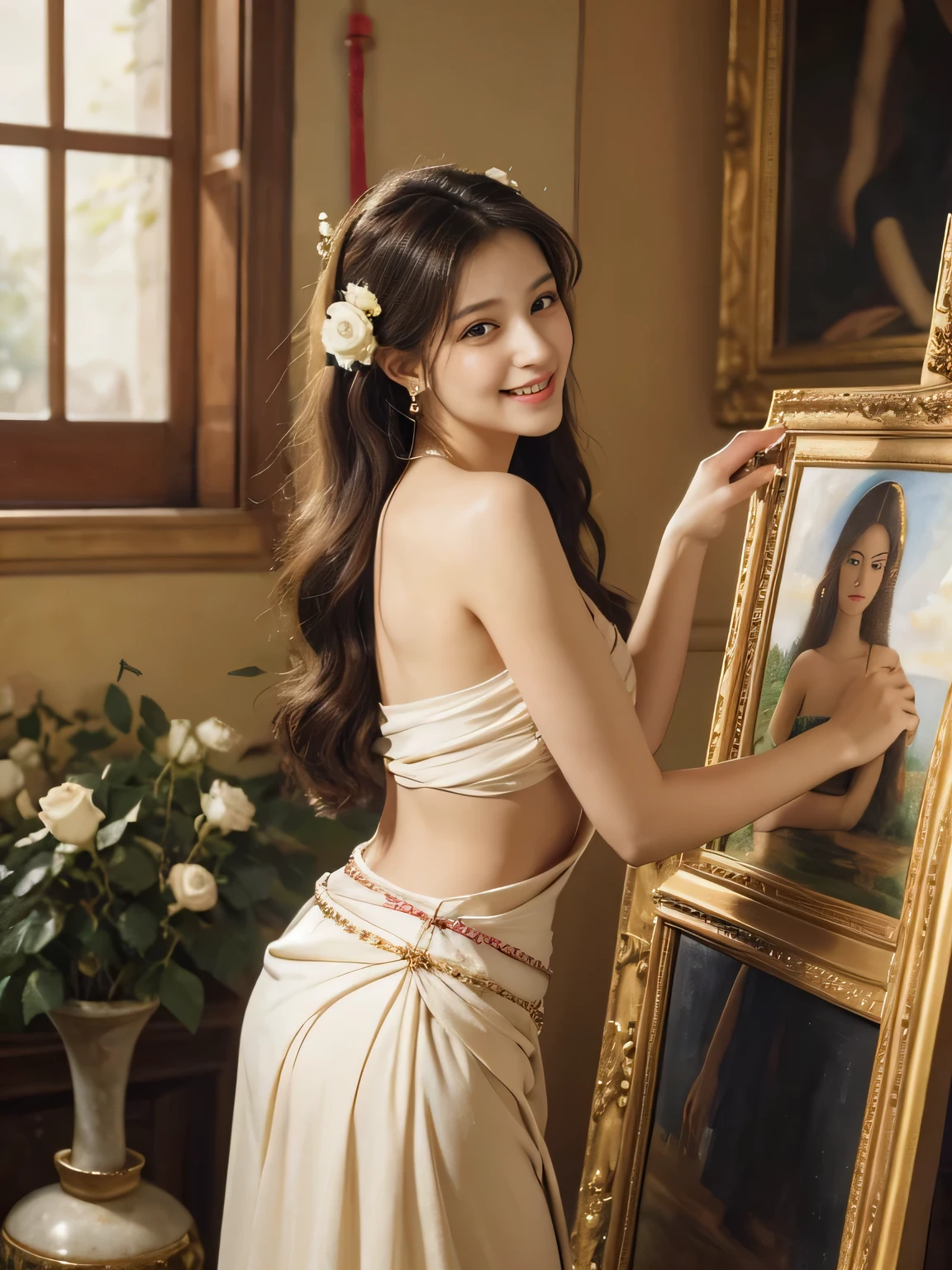 Giorgione painting style,roses in vase、fruits、Cute trinkets、smile、ancient greek costume、Clothes that stretch your shoulders、A big smile、beautiful bare skin,Female painter painting oil in her studio,Woman painting in oil with oil brush and palette