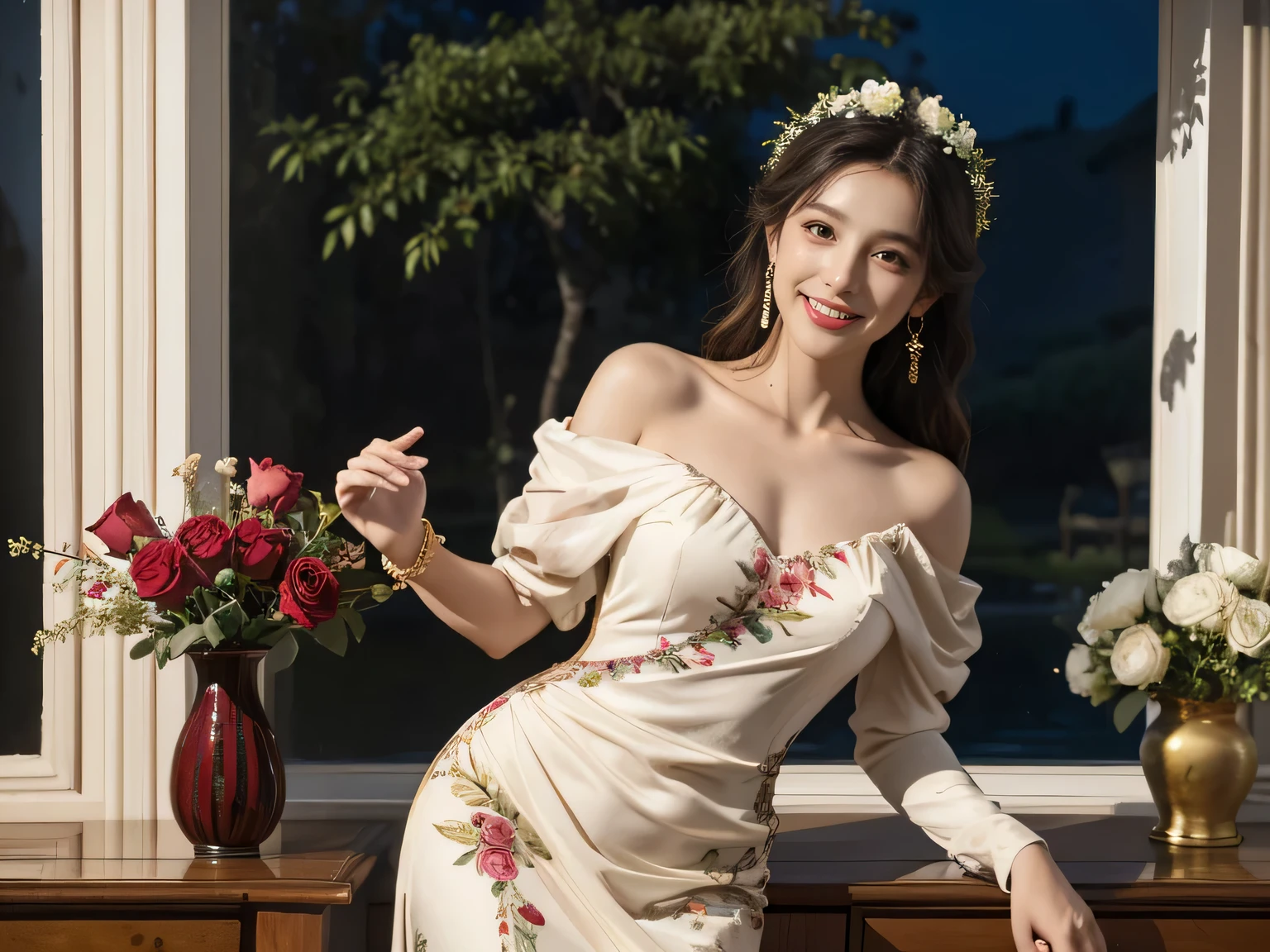 Giorgione painting style,roses in vase、fruits、Cute trinkets、smile、ancient greek costume、Clothes that stretch your shoulders、A big smile、Female singer holding sheet music in both hands,Giorgione painting style,roses in vase、fruits、Cute trinkets、smile、ancient greek costume、Background is a forest lake at night 、Clothes that stretch your shoulders、A big smile、beautiful bare skin,moonlight