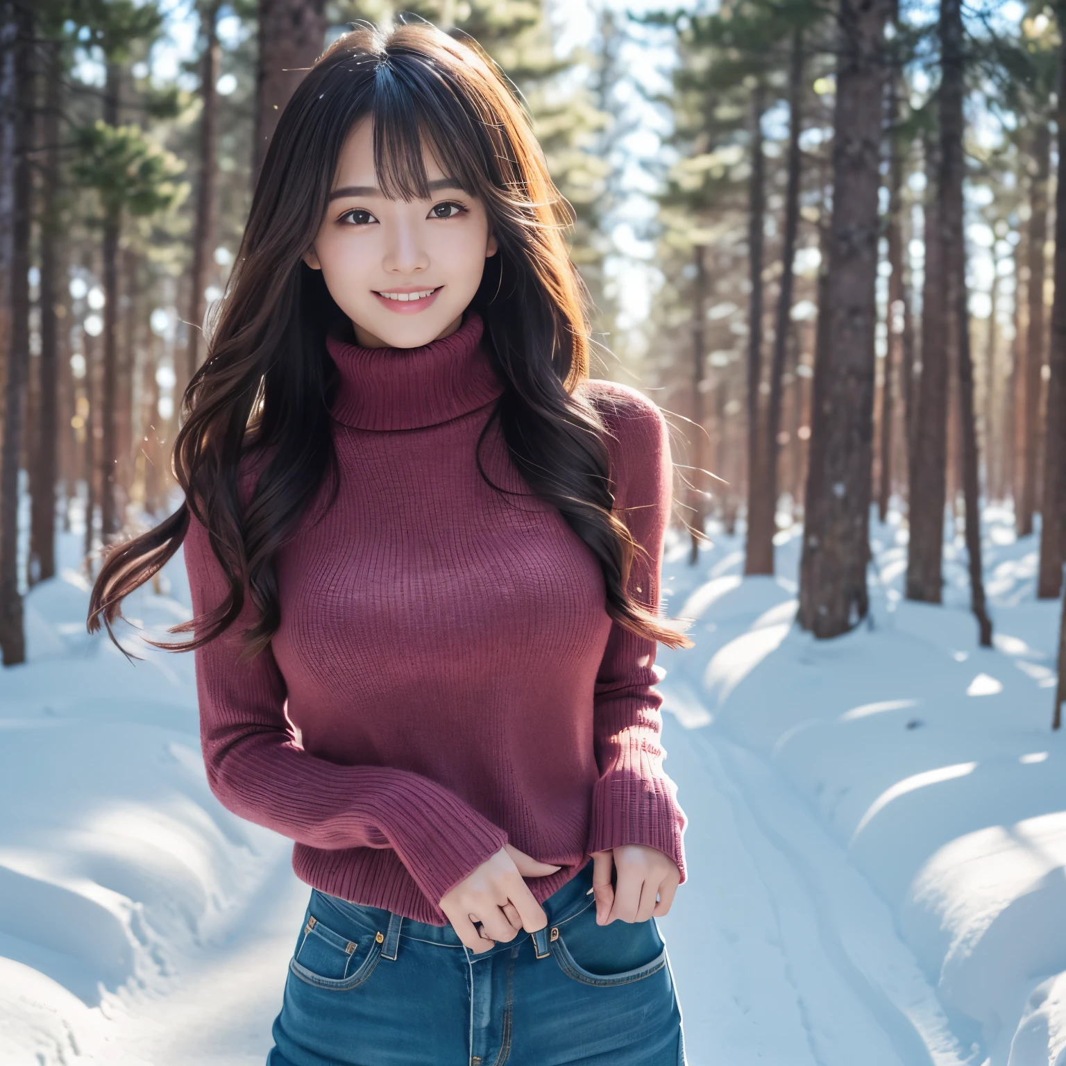 (table top、highest quality、8k、Award-winning work、ultra high resolution)、one beautiful woman、(Perfect burgundy turtleneck long sleeve sweater:1.2)、(Ripped denim shorts:1.2)、Standing gracefully、elegant long hair、( In the forest deep in the mountains of Northern Europe:1.1)、snow forest、Snow scene in a mysterious forest、(blurred background:1.1)、(very bright and vivid:1.1)、(very bright and glowing skin:1.1)、winter、(long legs:1.1)、(long legs:1.1)、the biggest smile looking at me、shining snow、(bright beautiful sunset:1.1)、(the most romanticで幻想的な夕焼け:1.1)、beautiful sunlight filtering through the foliage、The sparkle of fine diamond dust、very big breasts、emphasize body line、perfect fit、glamorous body、(accurate anatomy:1.1)、ultra high definition hair、ultra high resolutionの完璧な美しい歯、Ultra high definition beauty face、ultra high definition hair、Super high-definition sparkling eyes、輝くultra high resolutionの美肌、ultra high resolutionの艶やかな唇、epic movie lighting、the most romantic、the moodiest、romantic love mood