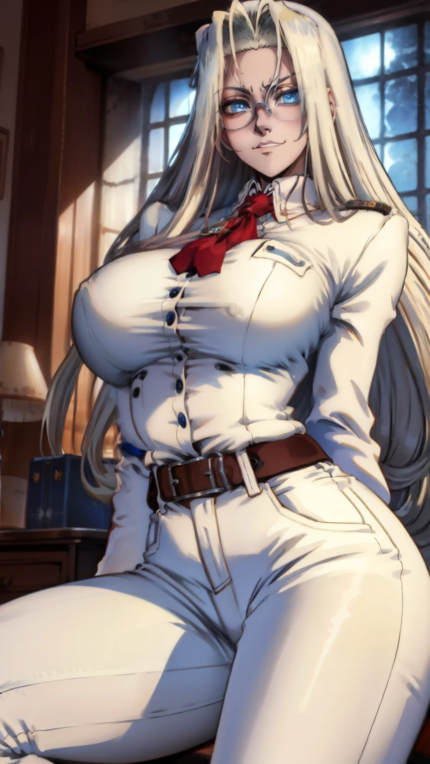 masterpiece, best quality, integr hellsing, integra, 1girl, solo, white pants, long sleeves , sitting, |{{{smug}}}, smug expression,  head tilt, looking to the side, gigantic breasts, breast focus,  boob window, bare breasts, arms at side, arms behind back, Detailed face, Detailed blue eyes, Detailed face, blue eyes, perfect eyes, perfect face, arms behind back