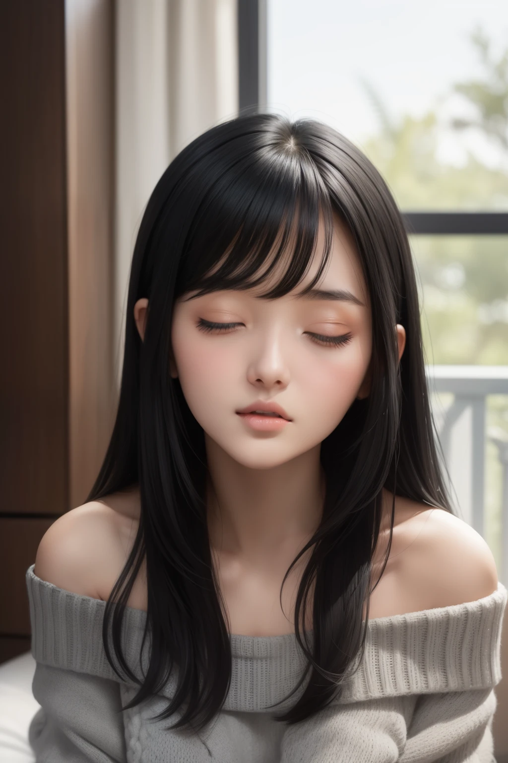 "Cute woman with long straight black hair, bangs, wearing an off-shoulder grey oversized sweater. She is sitting on a bed, her enchanting eyes and parted lips display a seductive and alluring expression, enhanced by a deep blush. She is a childhood friend who has undergone a stunning transformation."
