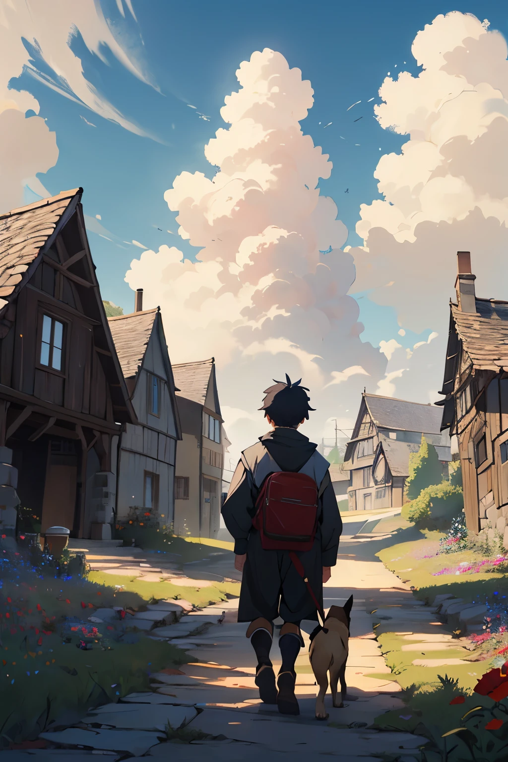 Anime ghilbi studio - the journey of a young boy in the medieval era, beautiful sky, cloudy, flower, dog,