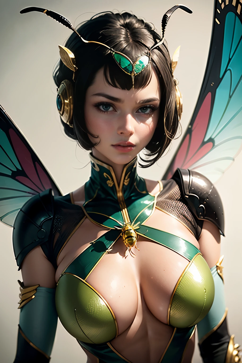 an illustration ( An exquisitely detailed portrait of an amazing insectoid girl adorned with a remarkable wasp body, Traje de enchufe brillante, Alas de avispa, cuerpo completo, Volador, cute girl's face, CGSoation Trends, fondo difuminado verde ), dynamic action, core of intelligence, shading, faster, colorful and intense, very intricate details,