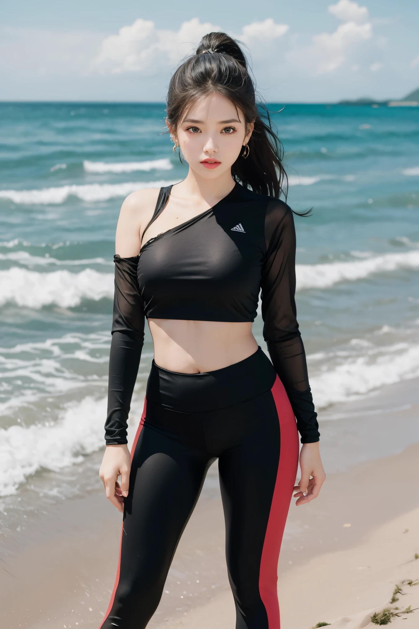 1girl, solo, leggings, midriff, navel, sports top, outdoors, looking at viewer, reality, breasts, ocean, standing, ponytail, water, long sleeves, daytime, brown hair, earring, jewelry, beach, lips, blue eyes, parted lips, blur, arm support, black hair, red lips, torn clothes, blurry background, thighs, thighs, makeup,