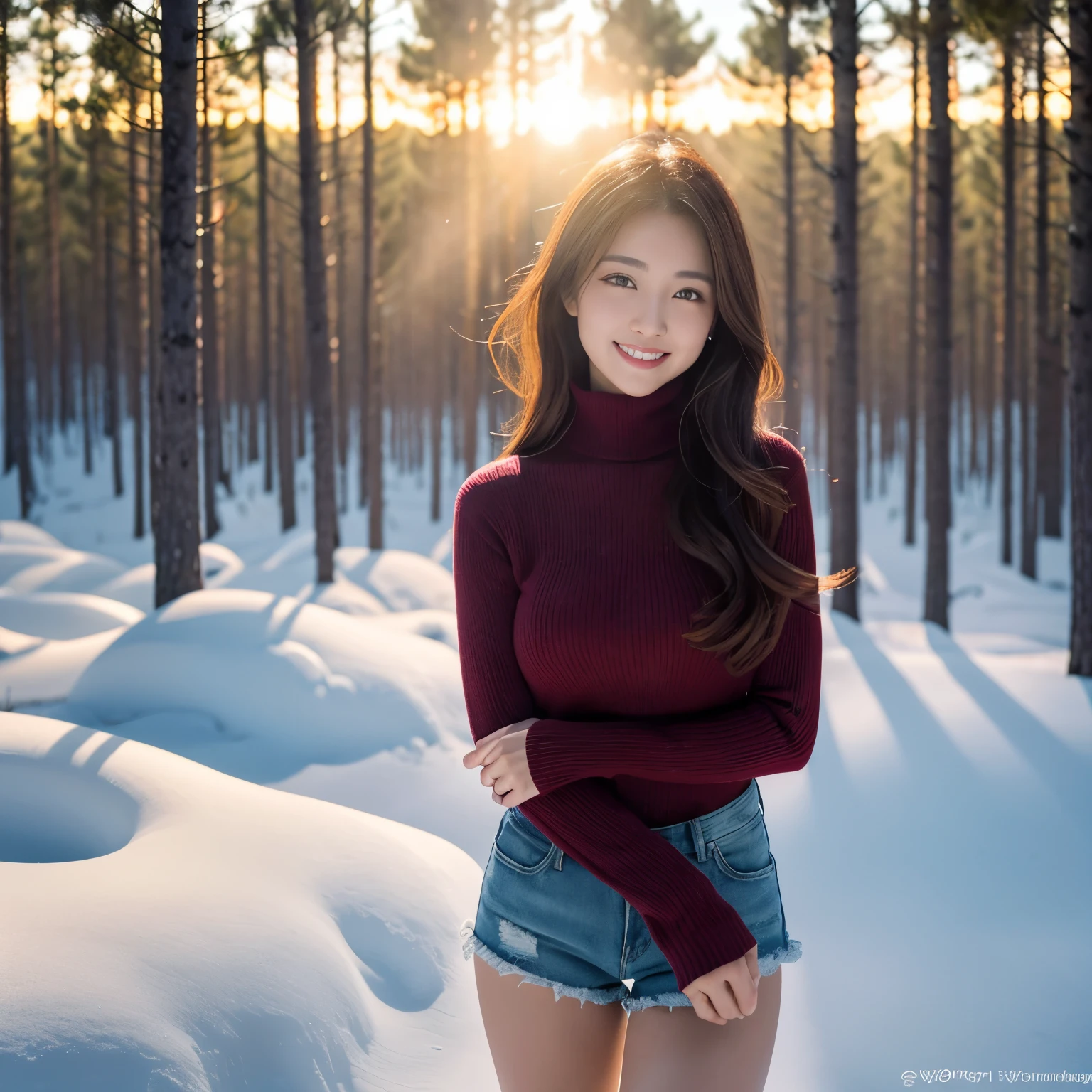 (table top、highest quality、8k、Award-winning work、ultra high resolution)、one beautiful woman、(Perfect burgundy turtleneck long sleeve sweater:1.2)、(Ripped denim shorts:1.2)、Standing gracefully、elegant long hair、( In the forest deep in the mountains of Northern Europe:1.1)、snow forest、Snow scene in a mysterious forest、(blurred background:1.1)、(very bright and vivid:1.1)、(very bright and glowing skin:1.1)、winter、(long legs:1.1)、(long legs:1.1)、the biggest smile looking at me、shining snow、(bright beautiful sunset:1.1)、(the most romanticで幻想的な夕焼け:1.1)、beautiful sunlight filtering through the foliage、The sparkle of fine diamond dust、very big breasts、emphasize body line、perfect fit、glamorous body、(accurate anatomy:1.1)、ultra high definition hair、ultra high resolutionの完璧な美しい歯、Ultra high definition beauty face、ultra high definition hair、Super high-definition sparkling eyes、輝くultra high resolutionの美肌、ultra high resolutionの艶やかな唇、epic movie lighting、the most romantic、the moodiest、romantic love mood