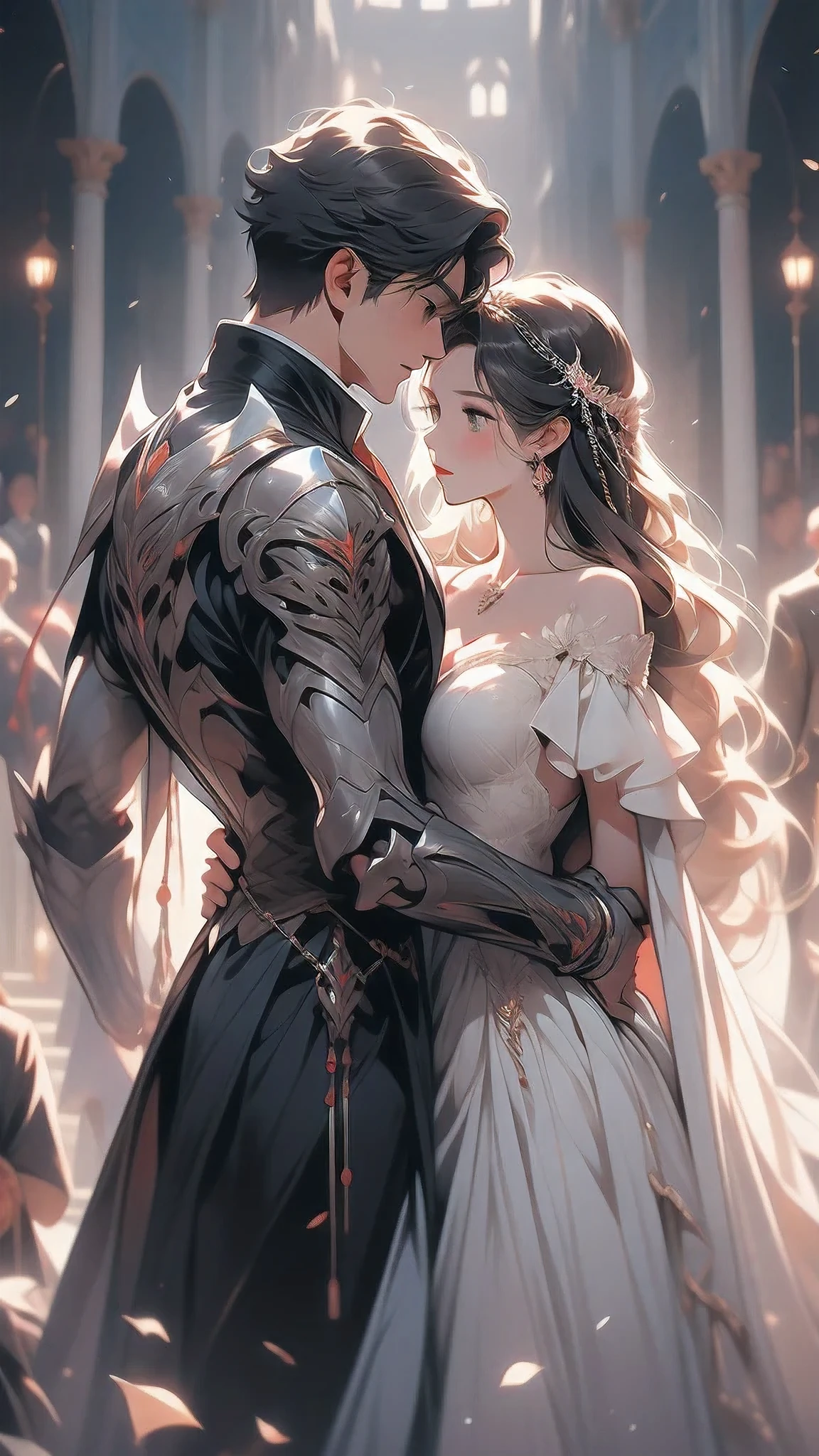 A tall armored dark knight embracing a beautiful princess, ultra detailed, out-zoom, full frame, high resolution, 8K
