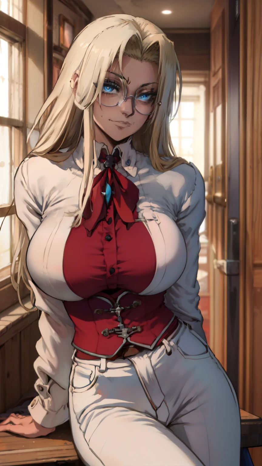 masterpiece, best quality, integr hellsing, integra, 1girl, solo, white pants, long sleeves , sitting, |{{{smug}}}, smug expression,  head tilt, looking to the side, gigantic breasts, breast focus,  boob window, bare breasts, arms at side, arms behind back, Detailed face, Detailed blue eyes, Detailed face, blue eyes, perfect eyes, perfect face, arms behind back, looking at viewer 